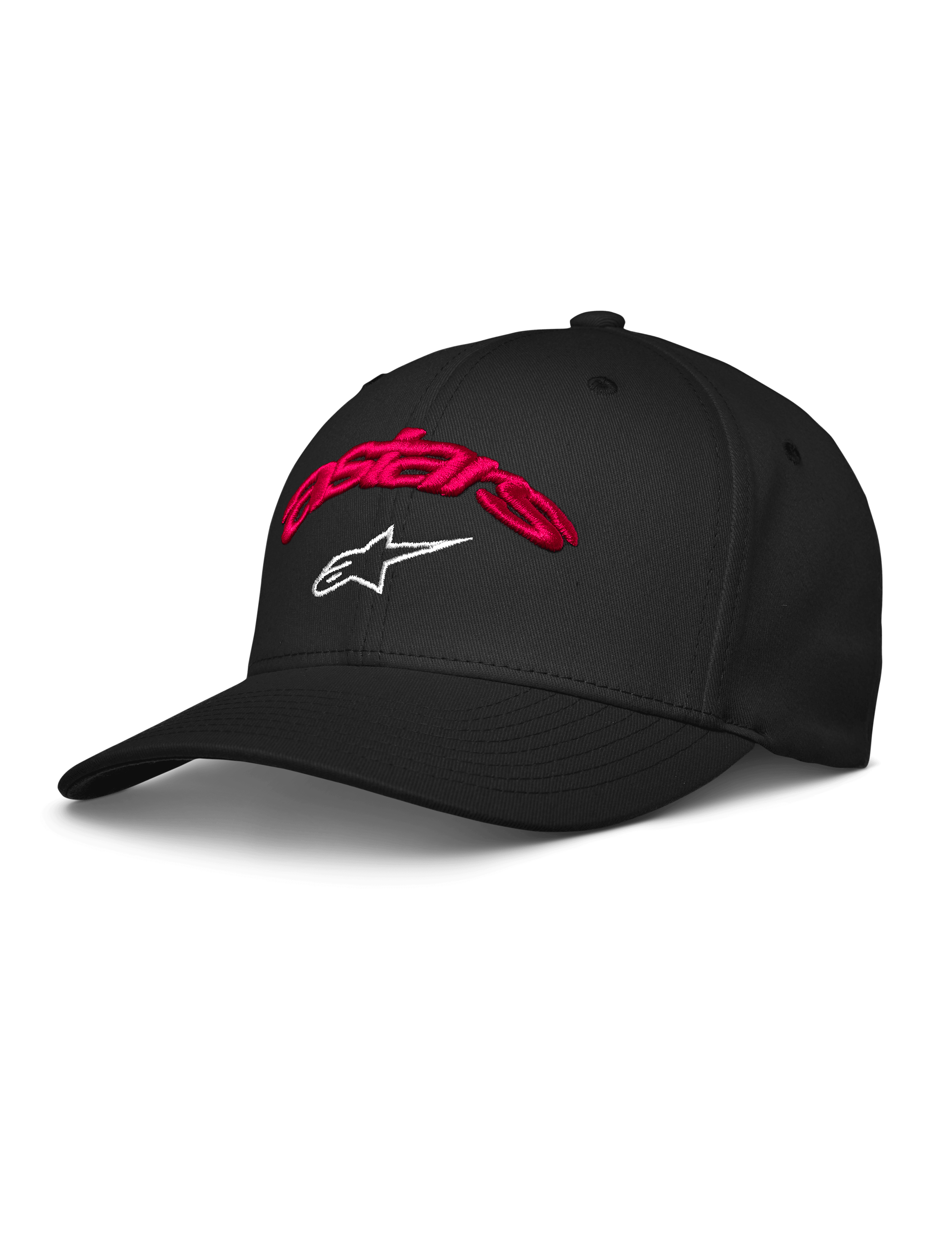 Alpinestars Arcstars Mütze, schwarze Baseball-Kappe mit roter 3D-Stickerei des Astars-Schriftzugs und weißem Stern-Logo, gebogener Schirm, strukturierte Krone, legere Motorsport-Sportbekleidung