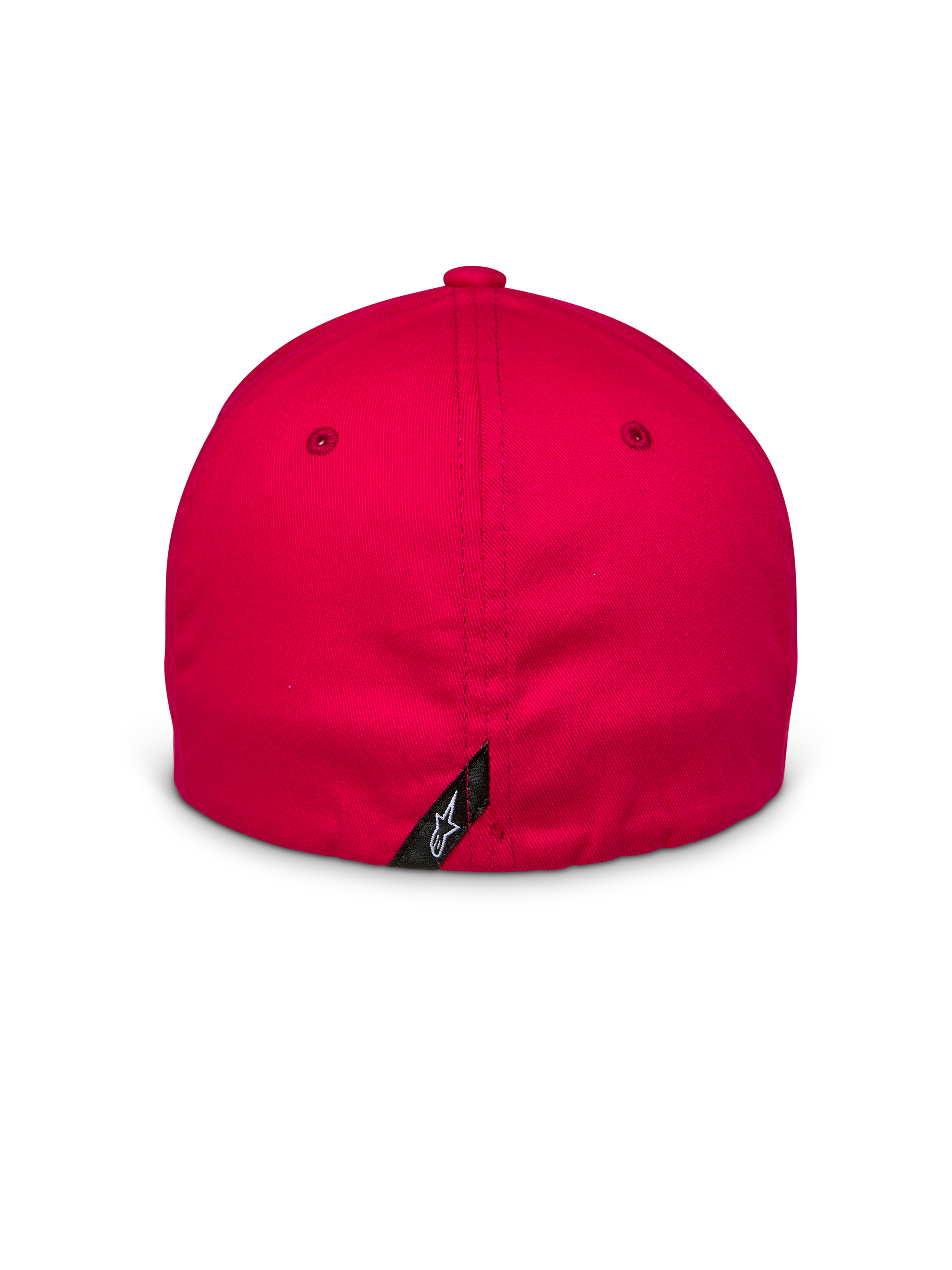 Alpinestars Arcstars Mütze, Rot, Rückansicht mit Flex-Back-Verschluss, kleines schwarzes Etikett mit weißem Astars-Logo auf der Mittelnaht, strukturierter Stretch-Twill-Stoff, lässige Motorsport-Kopfbedeckung