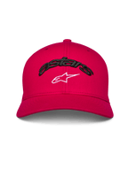 Alpinestars Arcstars Mütze, Baseballkappe mit gebogenem Schirm, Rot, schwarzer 3D-Astars-Schriftzug mit weißem Stern-Logo, strukturierte Krone, lässige vom Motorsport inspirierte Kopfbedeckung