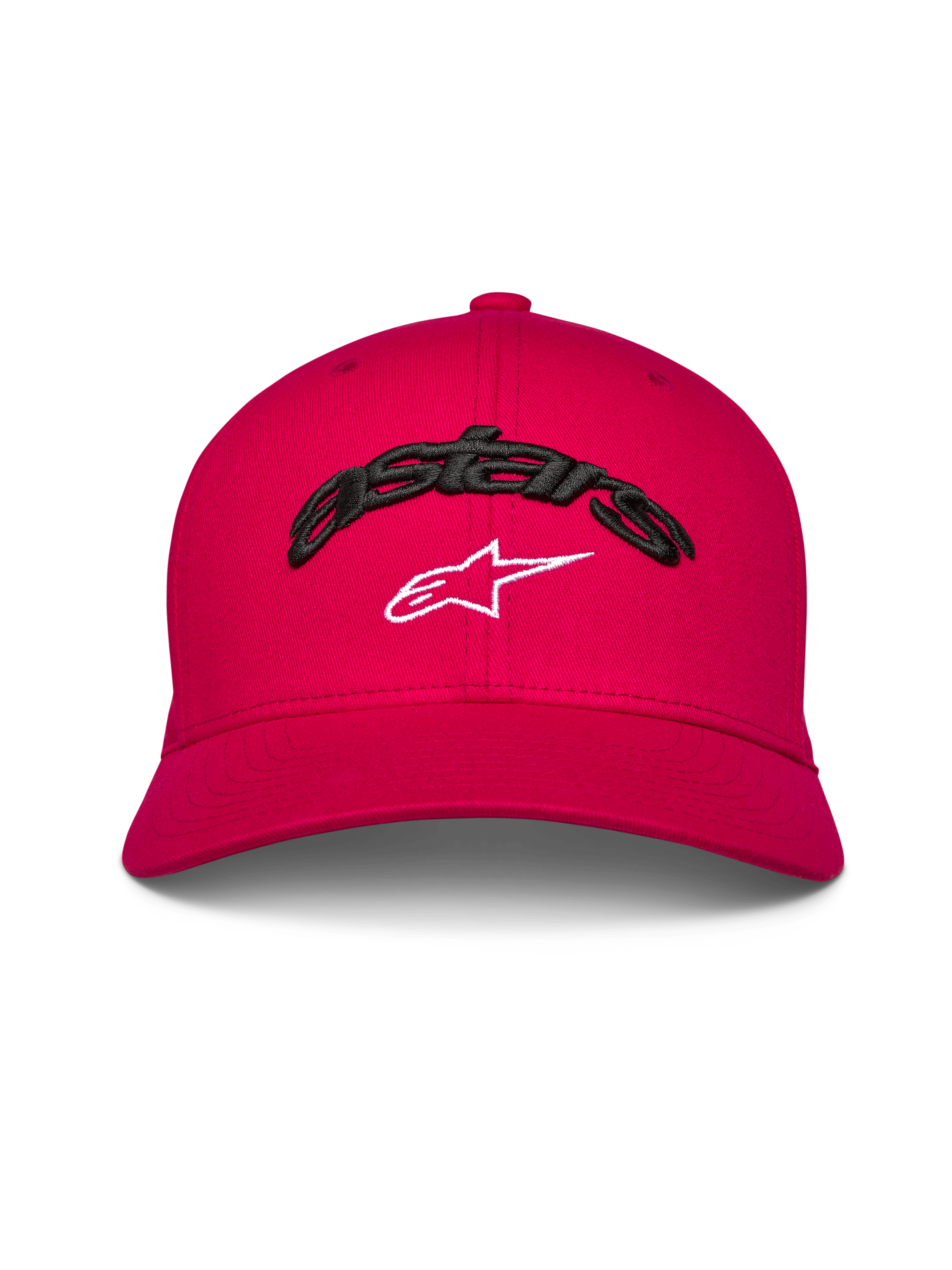 Alpinestars Arcstars Mütze, Baseballkappe mit gebogenem Schirm, Rot, schwarzer 3D-Astars-Schriftzug mit weißem Stern-Logo, strukturierte Krone, lässige vom Motorsport inspirierte Kopfbedeckung