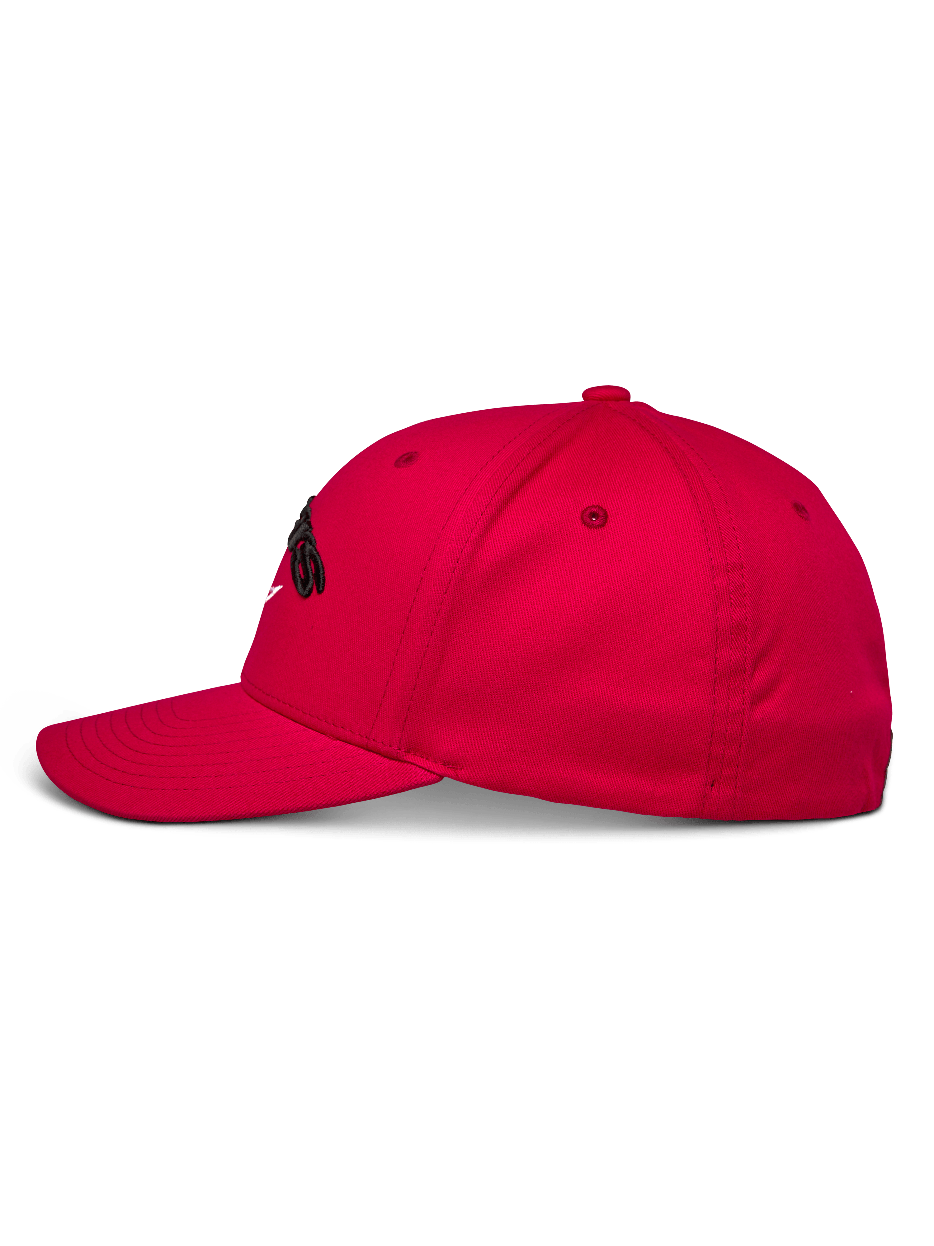 Alpinestars Arcstars Mütze, rote Baseball-Kappe, Seitenansicht, strukturierte Krone mit gebogenem Schirm, schwarze 3D-Astars-Stickerei, lässige Motorsport-Sportbekleidung
