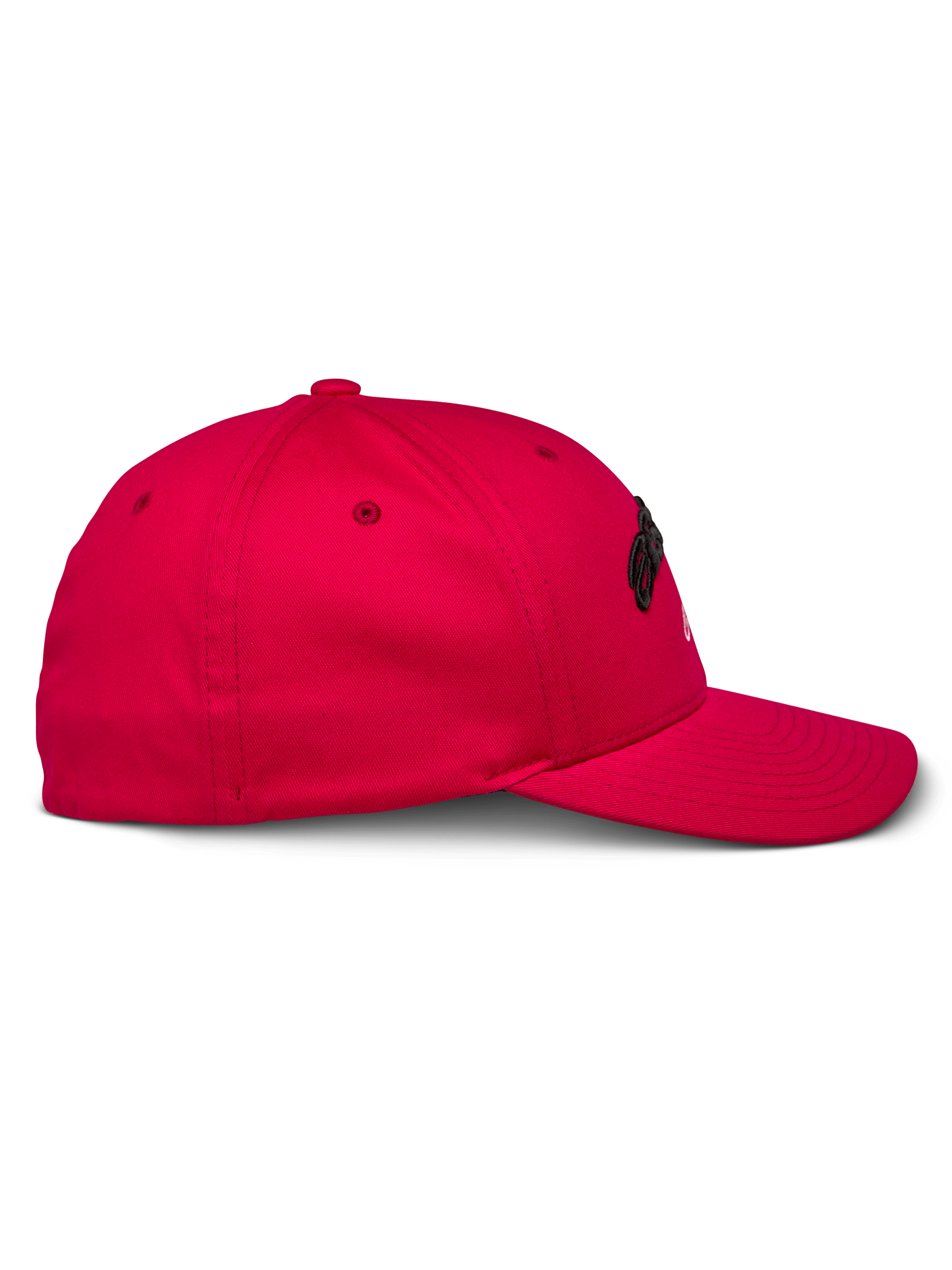 Alpinestars Arcstars Mütze, Rot, Seitenansicht, strukturierte Baseball-Kappe mit gebogenem Schirm, Stretch-Twill-Gewebe, schwarze 3D-Stickerei, Freizeit-Sportbekleidung