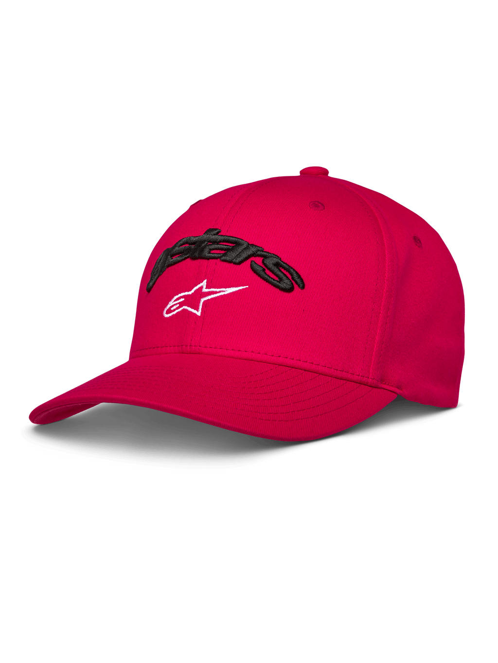 Alpinestars Arcstars Hat, rote Baseball-Cap, gebogener Schirm und strukturierte Krone, schwarze 3D-Astars-Stickerei mit weißem Stern-Logo, lässige Motorsport-Sportbekleidung