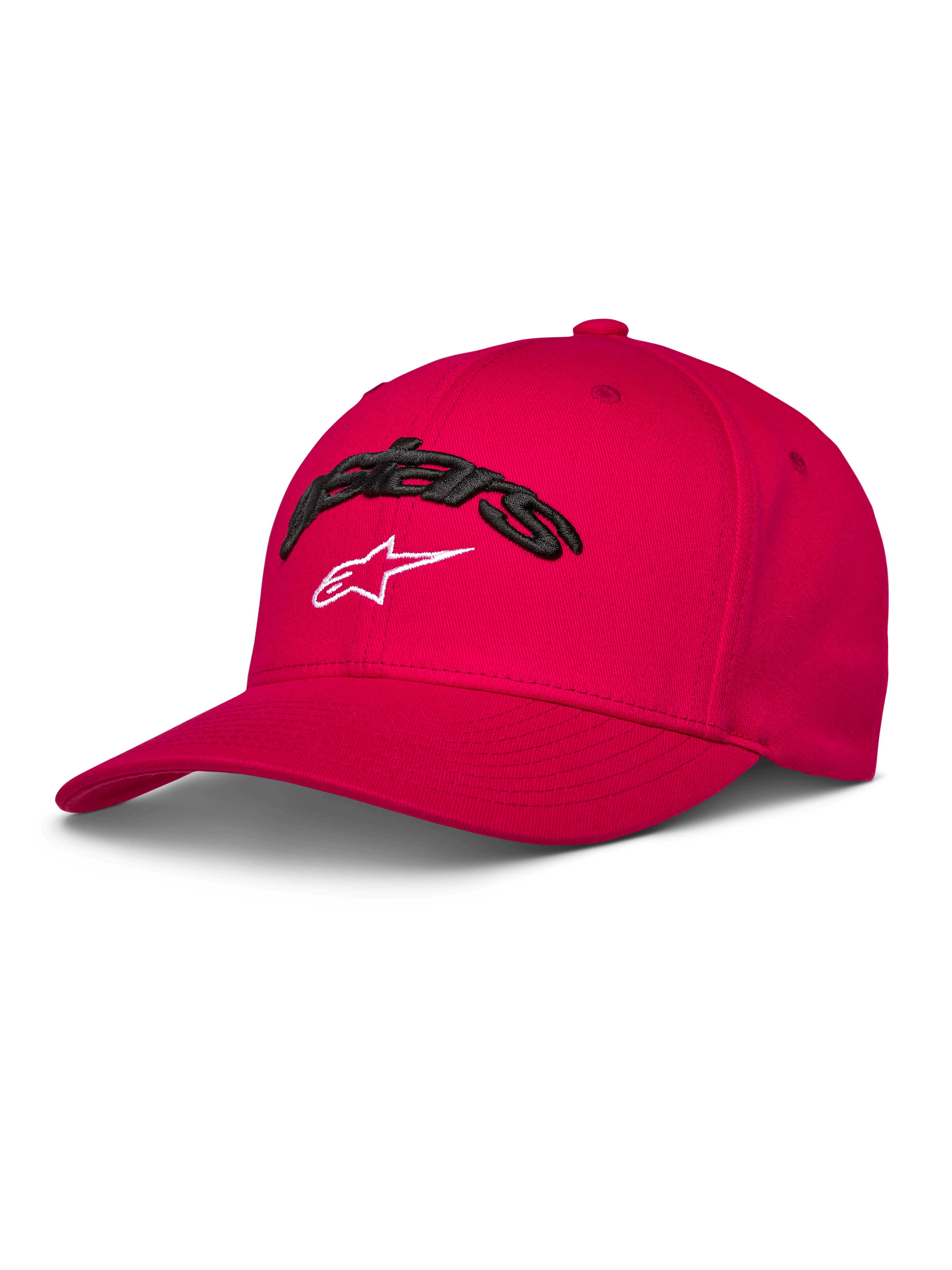 Alpinestars Arcstars Hat, rote Baseball-Cap, gebogener Schirm und strukturierte Krone, schwarze 3D-Astars-Stickerei mit weißem Stern-Logo, lässige Motorsport-Sportbekleidung