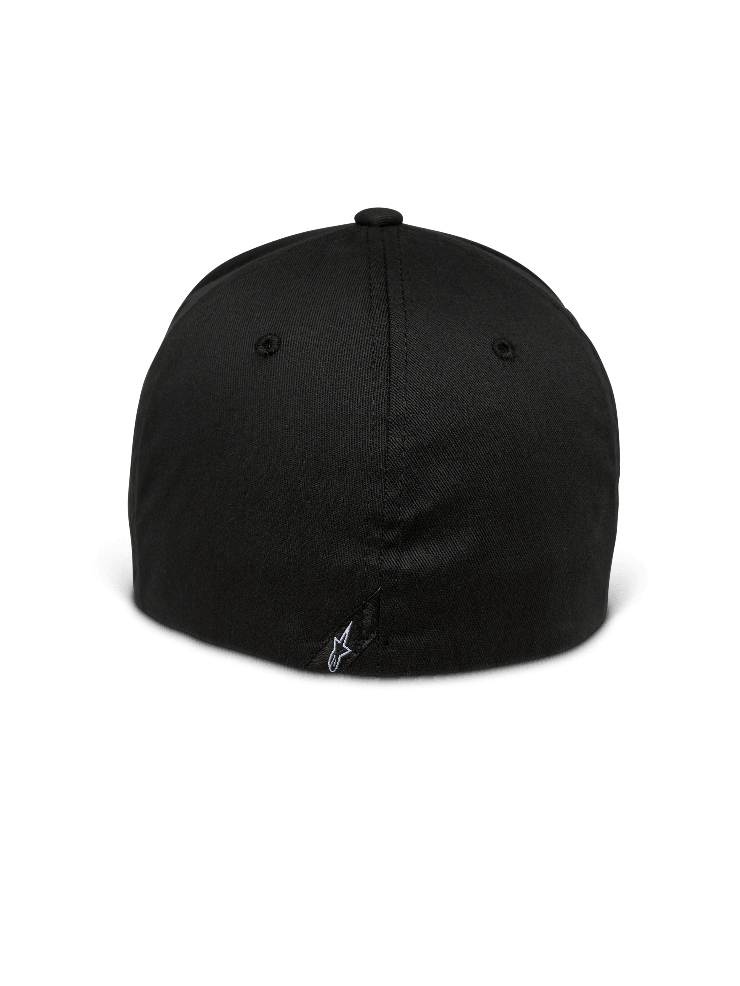 Alpinestars Setting Mütze, Flex-Back Kappe, Schwarz, Rückansicht mit geschlossenem Flex-Design, kleines weiß gesticktes Stern-Logo am unteren Saum, strukturierte Krone aus Stretch-Twill-Gewebe