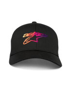 Alpinestars Setting Mütze, schwarze Baseballkappe mit gebogenem Schirm, mit einem 3D-bestickten Astar-Logo mit Farbverlauf in Orange-, Rosa- und Lilatönen, strukturierte Krone, lässige Motorsport-Sportbekleidung