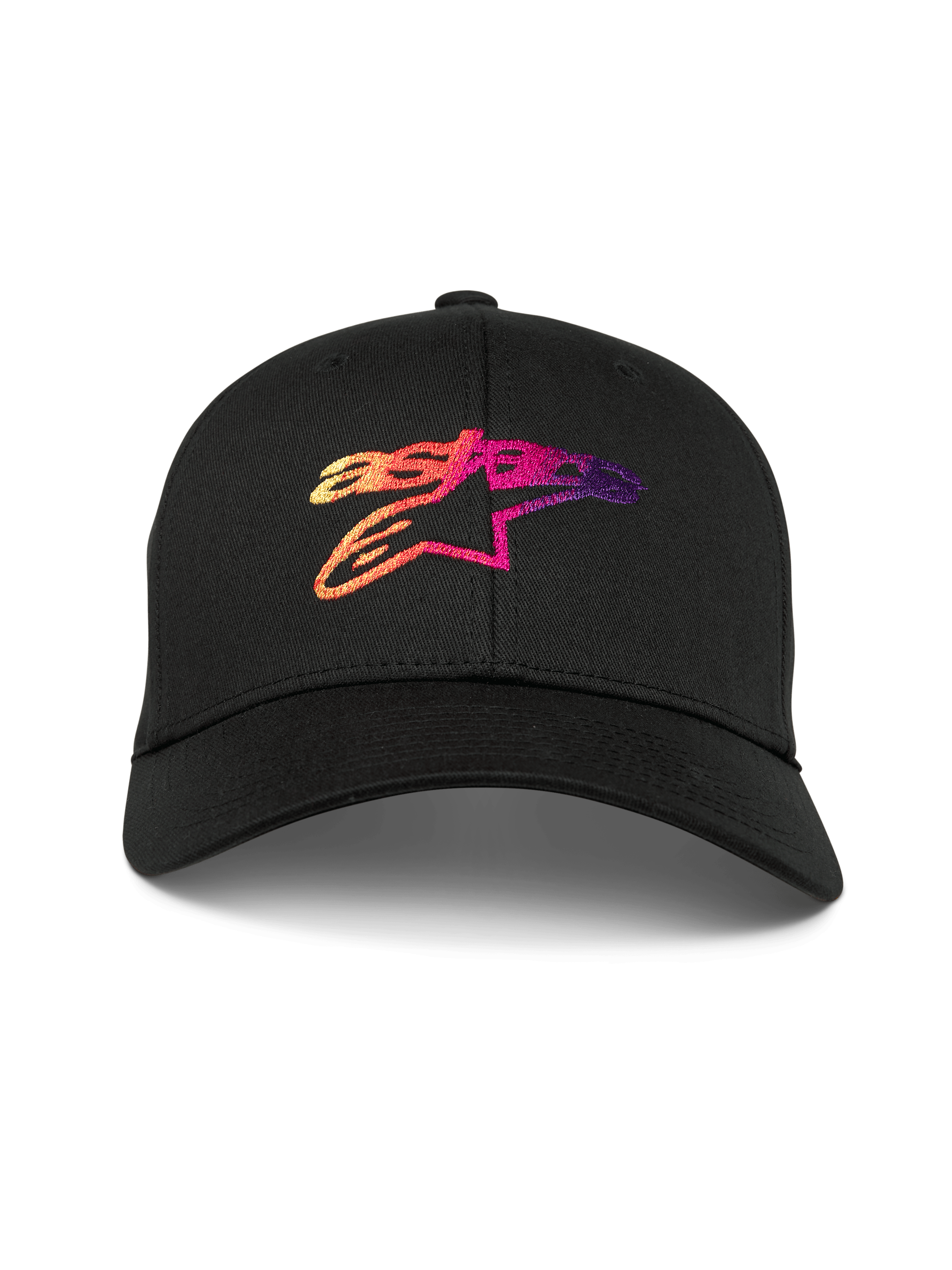 Alpinestars Setting Mütze, schwarze Baseballkappe mit gebogenem Schirm, mit einem 3D-bestickten Astar-Logo mit Farbverlauf in Orange-, Rosa- und Lilatönen, strukturierte Krone, lässige Motorsport-Sportbekleidung