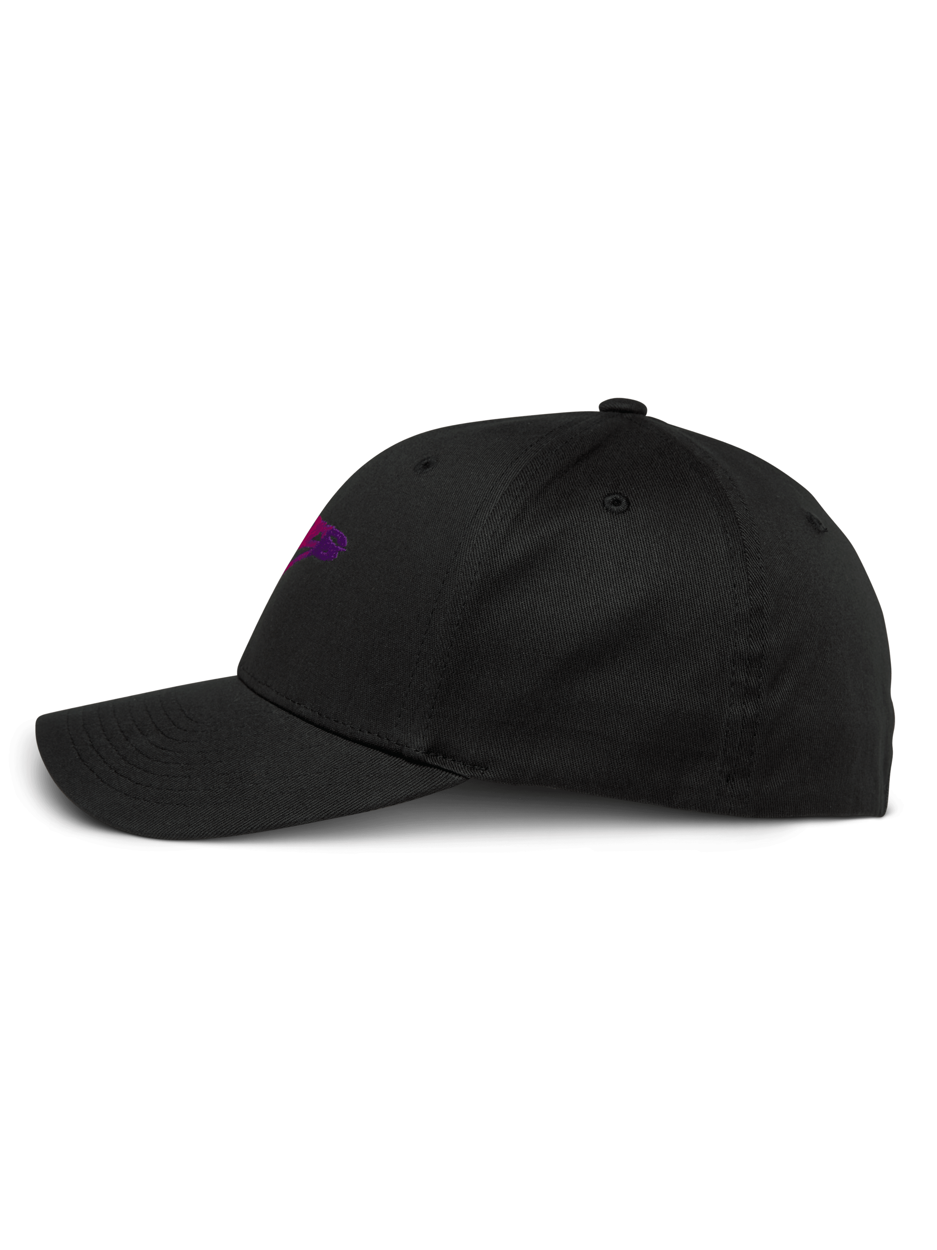 Alpinestars Setting Mütze, Schwarz, Seitenansicht, gebogener Schirm mit strukturierter Krone, lila 3D-Verlaufstickerei-Logo, lässige Baseballkappe aus Stretch-Twill