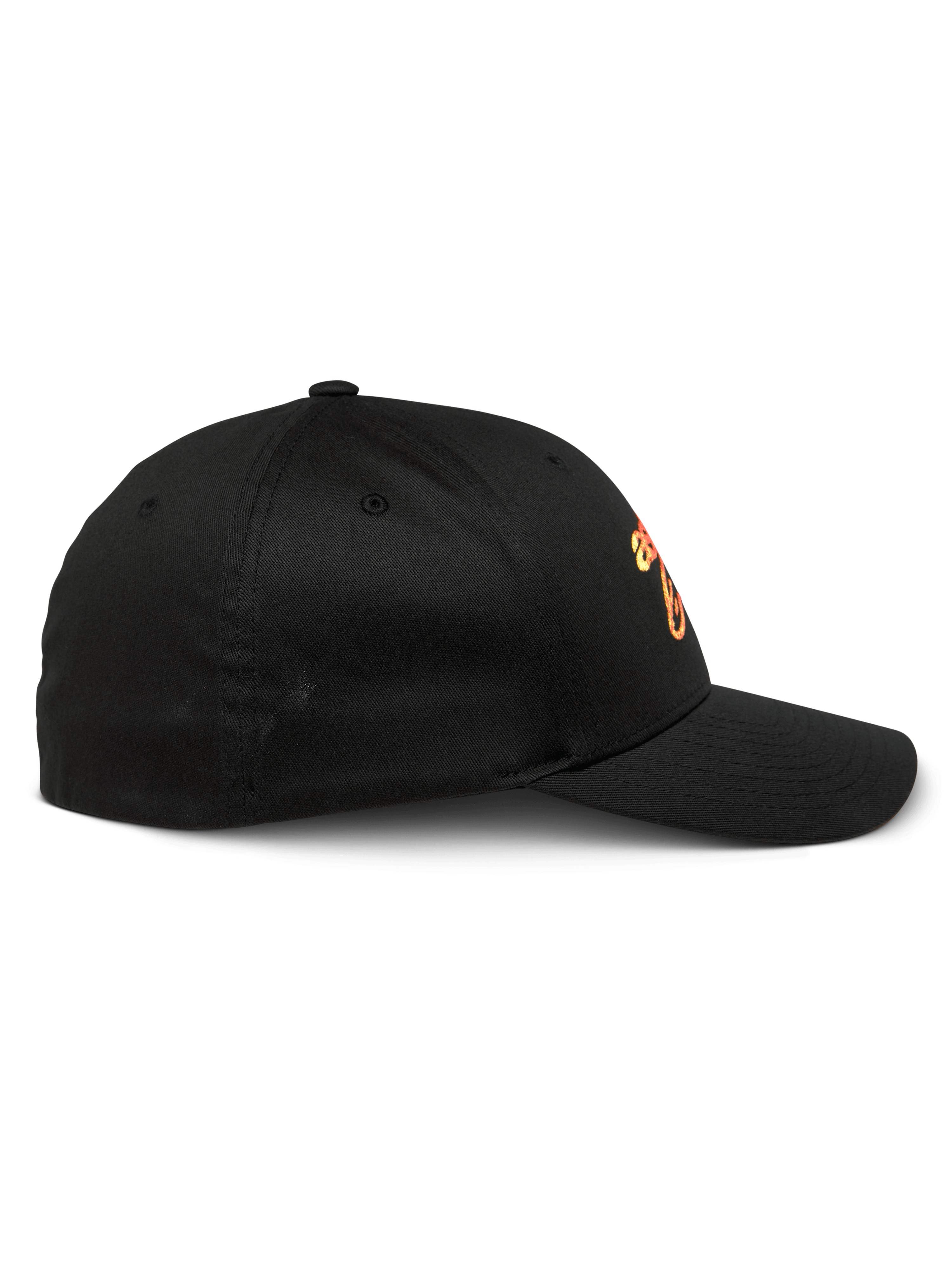Alpinestars Setting Mütze, schwarze Baseball-Cap, Seitenprofilansicht mit gebogenem Schirm und strukturierter Krone, mit orangefarbener Logo-Verlaufstickerei, lässige Sportbekleidung