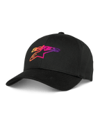 Alpinestars Setting Hat, schwarze Baseball-Kappe mit besticktem 3D-Logo mit Farbverlauf in Orange, Pink und Lila, gebogener Schirm, strukturierte Krone, lässige Lifestyle-Kopfbedeckung.
