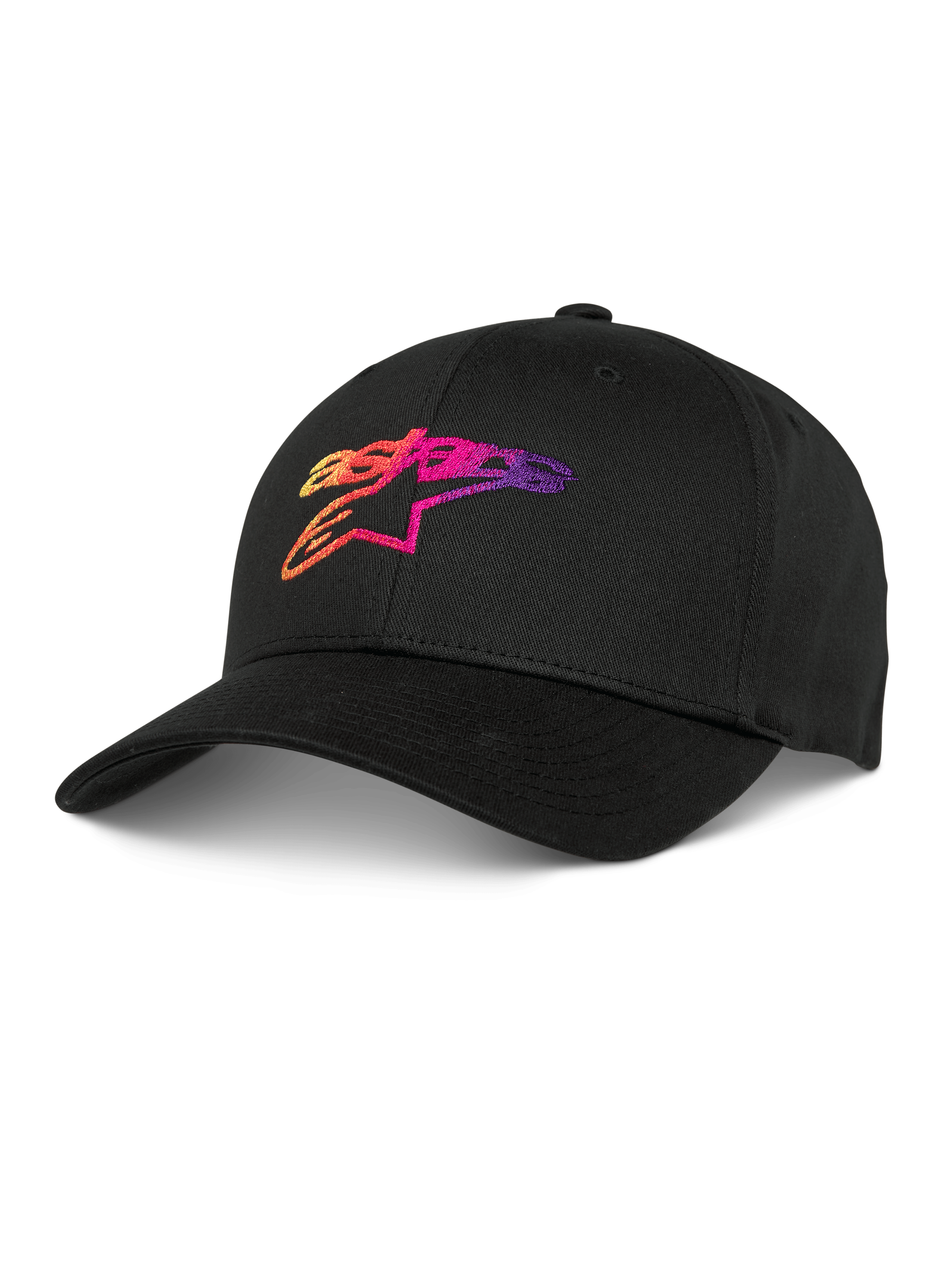 Alpinestars Setting Hat, schwarze Baseball-Kappe mit besticktem 3D-Logo mit Farbverlauf in Orange, Pink und Lila, gebogener Schirm, strukturierte Krone, lässige Lifestyle-Kopfbedeckung.
