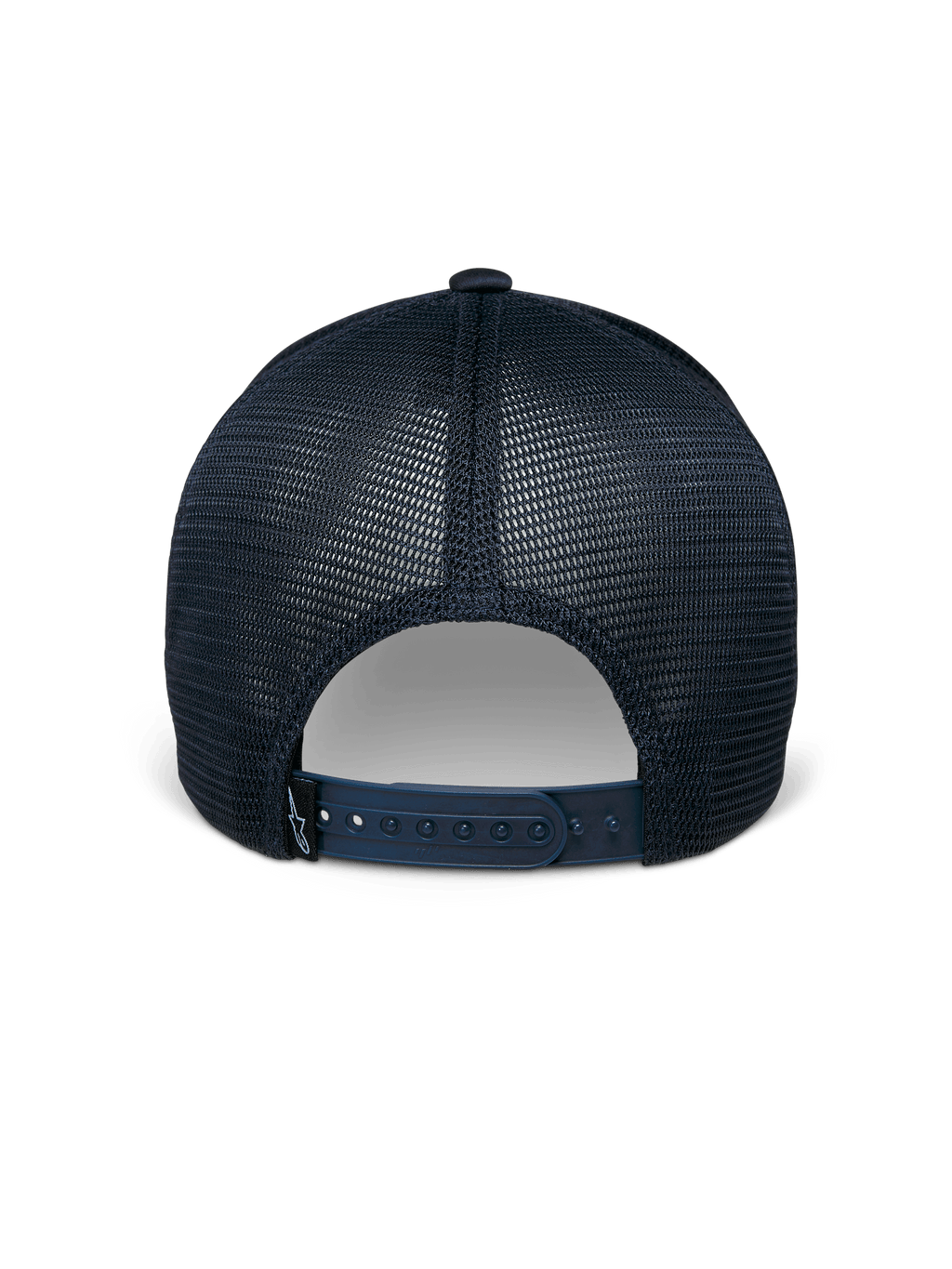 Alpinestars Delane Mütze, Marineblau, Rückansicht, mit atmungsaktiven Diamond-Mesh-Einsätzen, verstellbarem Snapback-Verschluss mit kleinem Logo-Etikett, lässige Performance-Sportbekleidung