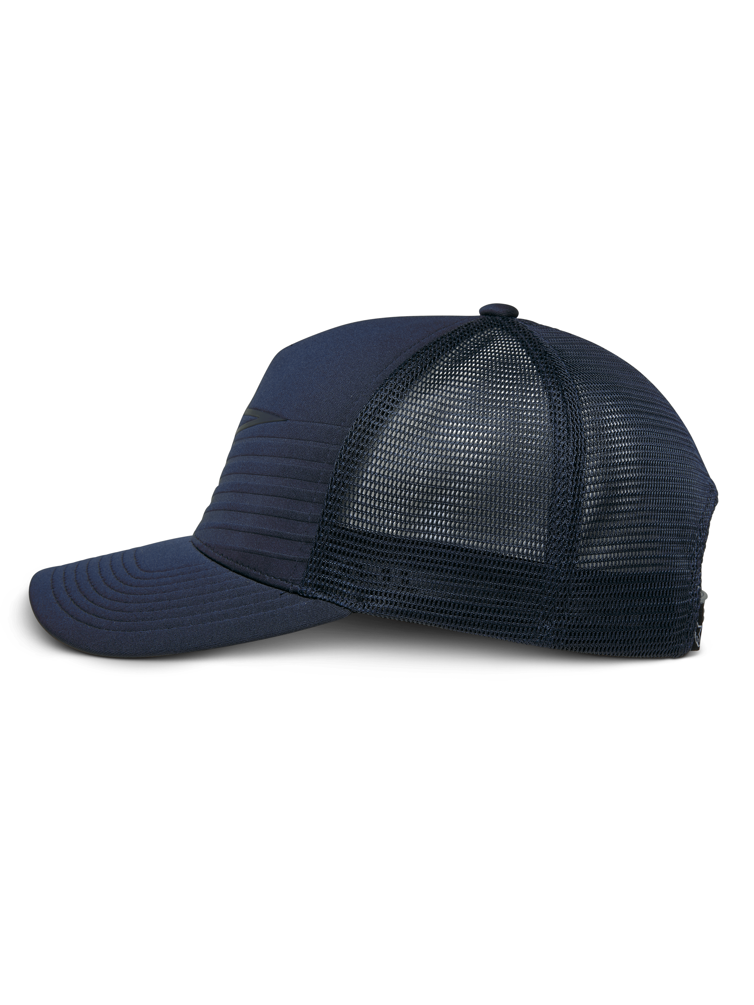 Alpinestars Delane Mütze, Marineblau, Seitenprofil einer strukturierten Kappe im Baseball-Stil mit gebogenem Schirm, Hybrid-Jersey-Vorderseite mit horizontalen Nähten und Diamond-Mesh-Rückseite, lässige Performance-Sportbekleidung.