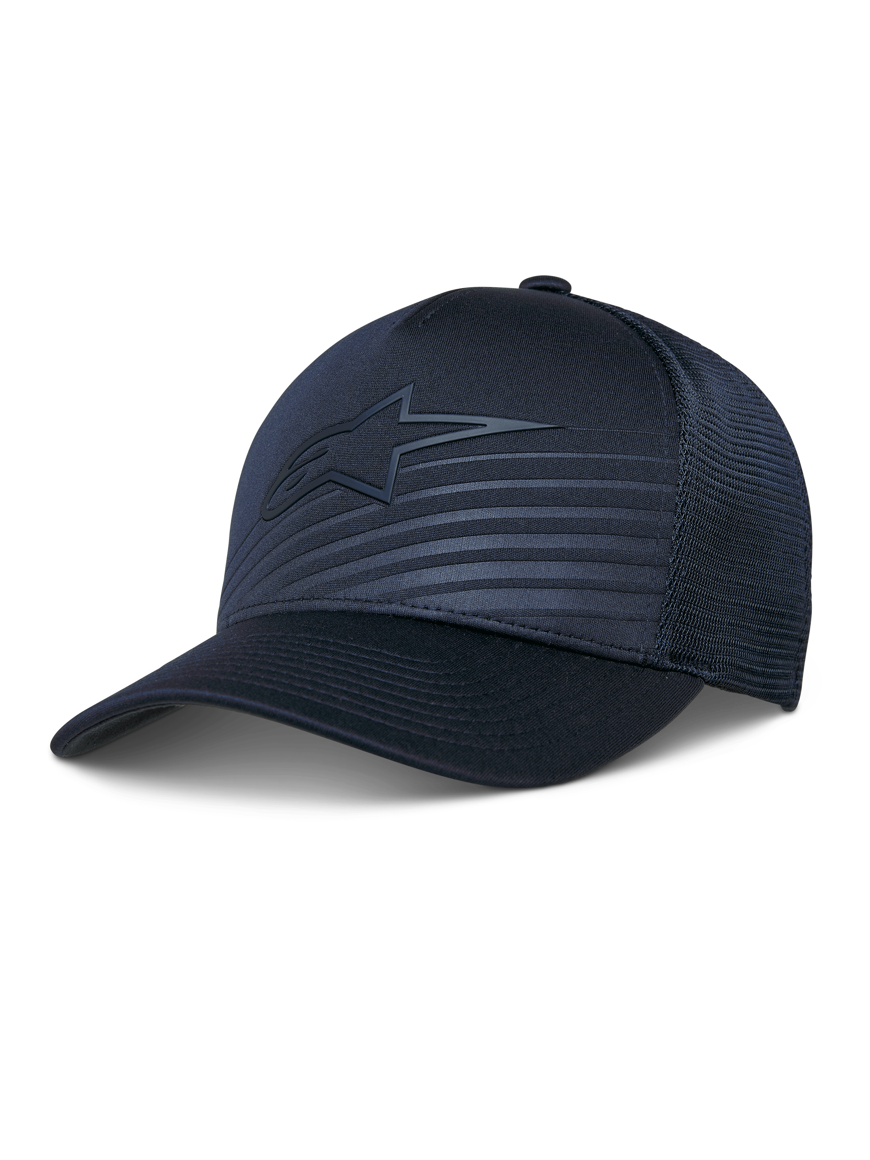Alpinestars Delane Hat, Performance Baseball-Cap, Dunkelblau, tonales Stern-Logo und reflektierende Linien, strukturierte Krone mit Diamond-Mesh-Rückseite, gebogener Schirm, atmungsaktive Sportbekleidung