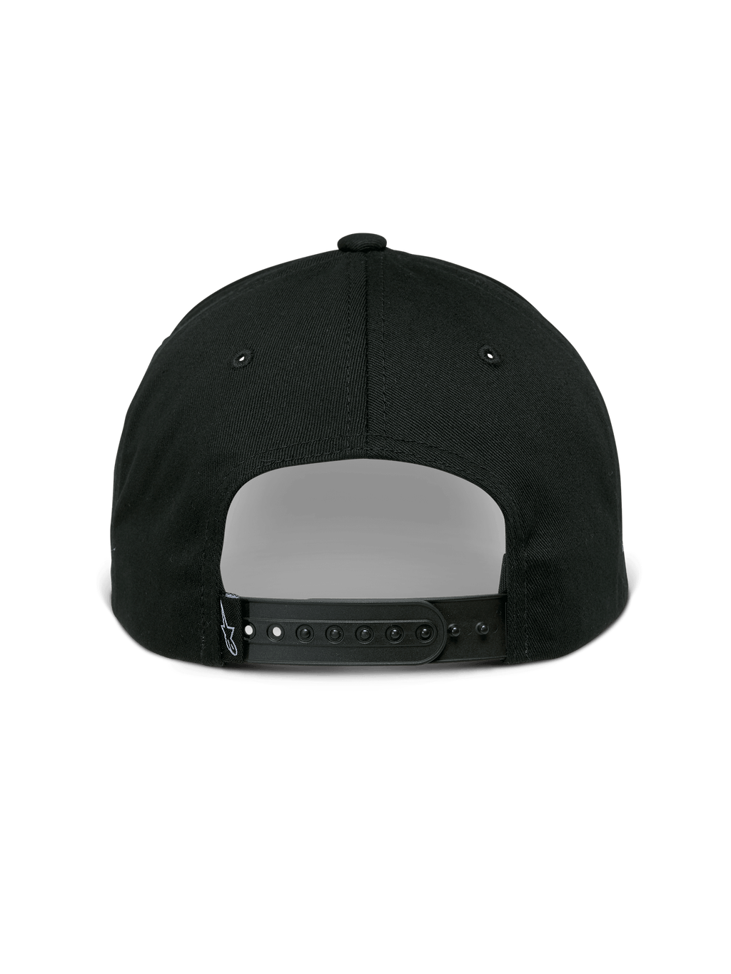 Alpinestars Sessionized Kappe, Snapback-Cap, Schwarz, Rückansicht mit verstellbarem Druckknopfverschluss und kleinem Logo-Etikett, Baumwolltwill, lässige vom Motorsport inspirierte Kopfbedeckung