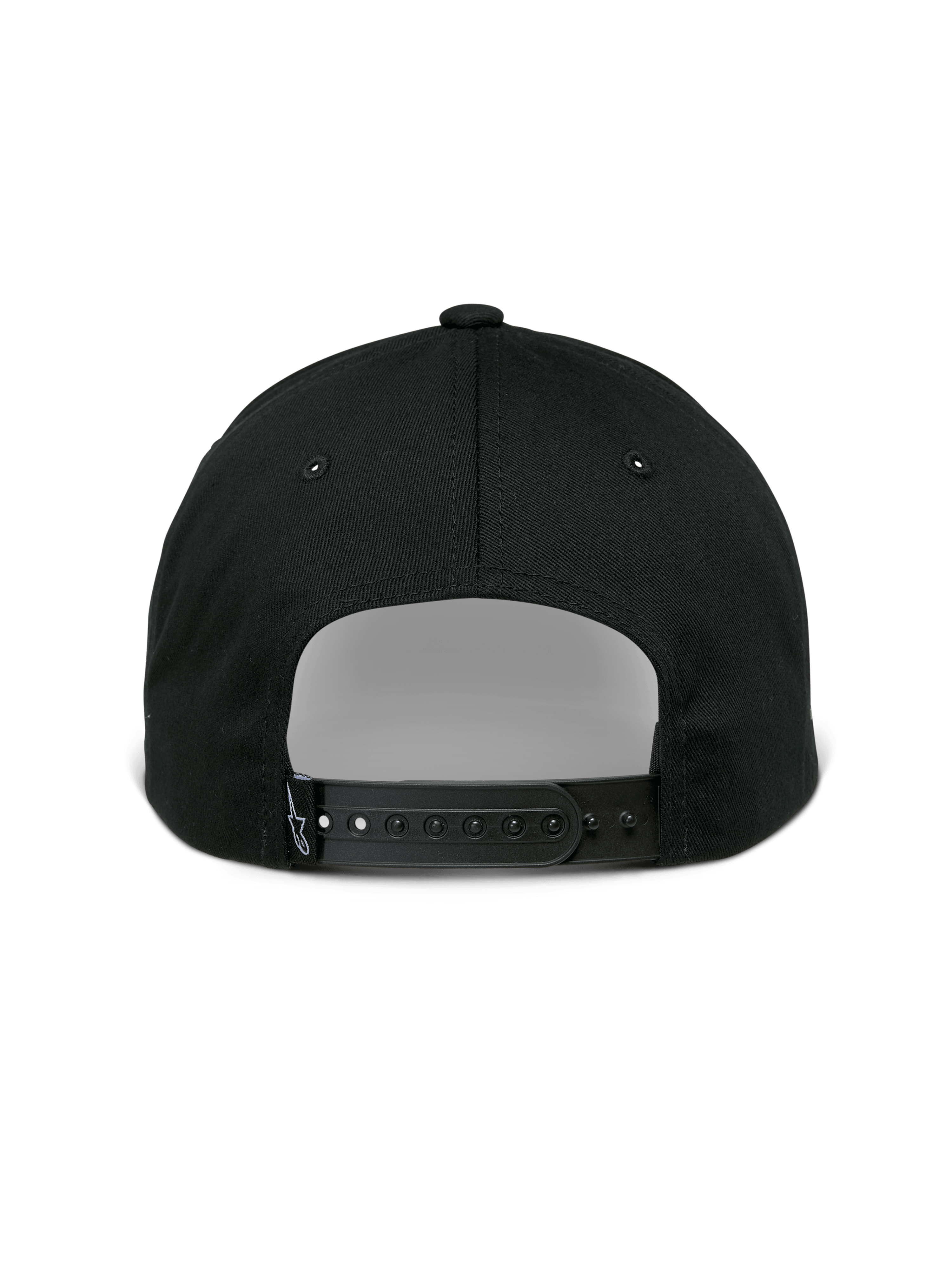 Alpinestars Sessionized Kappe, Snapback-Cap, Schwarz, Rückansicht mit verstellbarem Druckknopfverschluss und kleinem Logo-Etikett, Baumwolltwill, lässige vom Motorsport inspirierte Kopfbedeckung
