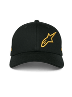 Alpinestars Sessionized Kappe, schwarze Snapback-Kappe mit gebogenem Schirm, goldenes 3D-besticktes Astars-Logo vorne links, strukturiertes Baumwoll-Twill-Design, lässige Motorsport-Kopfbedeckung