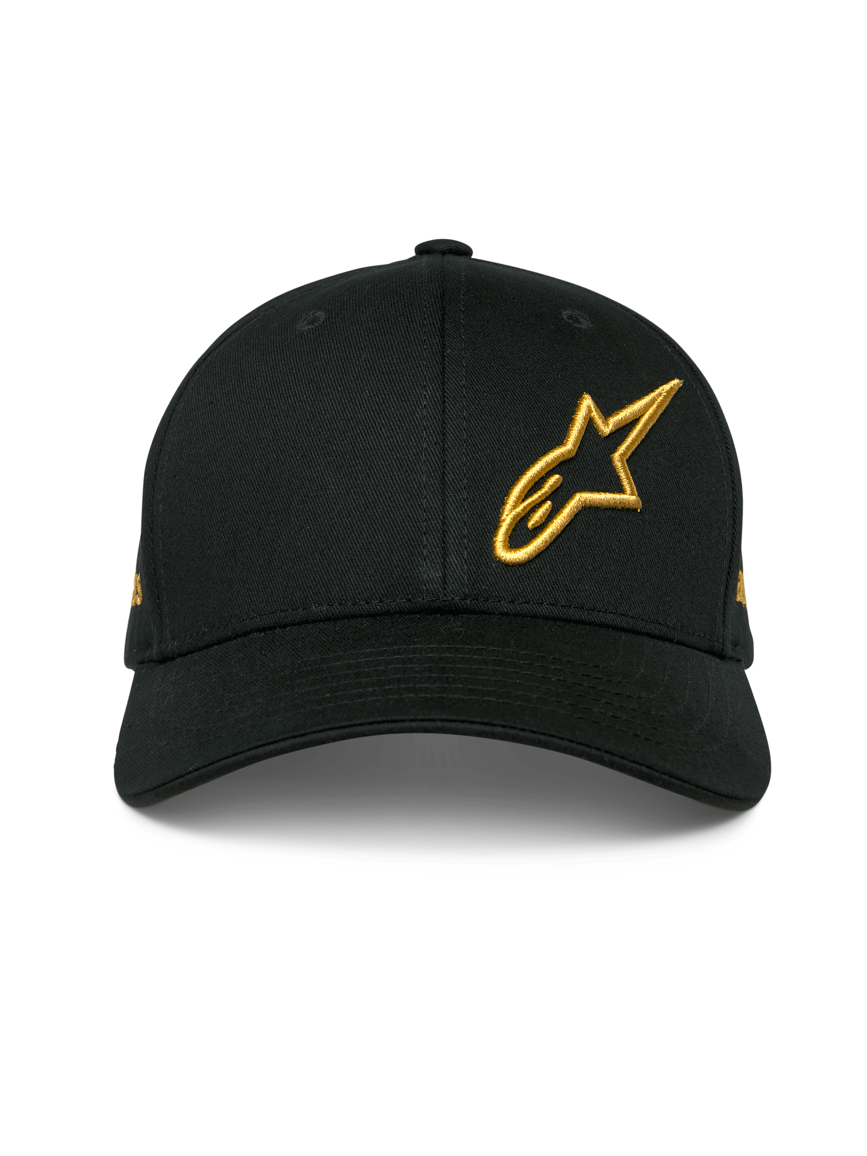 Alpinestars Sessionized Kappe, schwarze Snapback-Kappe mit gebogenem Schirm, goldenes 3D-besticktes Astars-Logo vorne links, strukturiertes Baumwoll-Twill-Design, lässige Motorsport-Kopfbedeckung