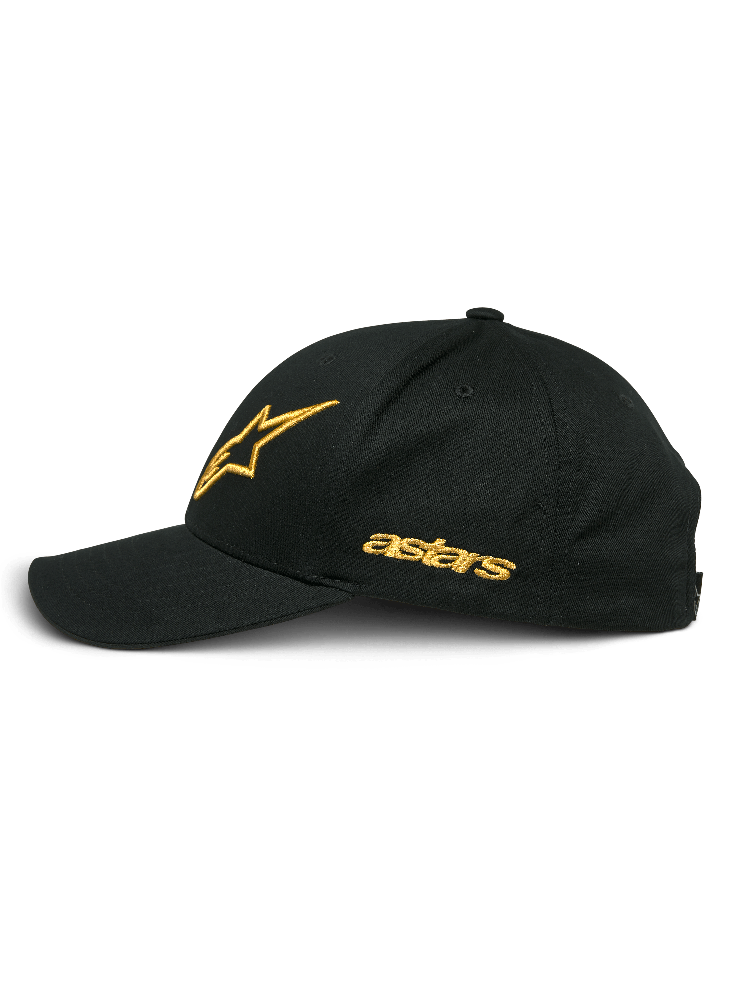 Alpinestars Sessionized Kappe, Schwarz und Gold, Seitenansicht mit goldbesticktem Stern-Logo und Astars-Schriftzug, gebogener Schirm, strukturierte Krone, lässige, vom Motorsport inspirierte Kopfbedeckung.