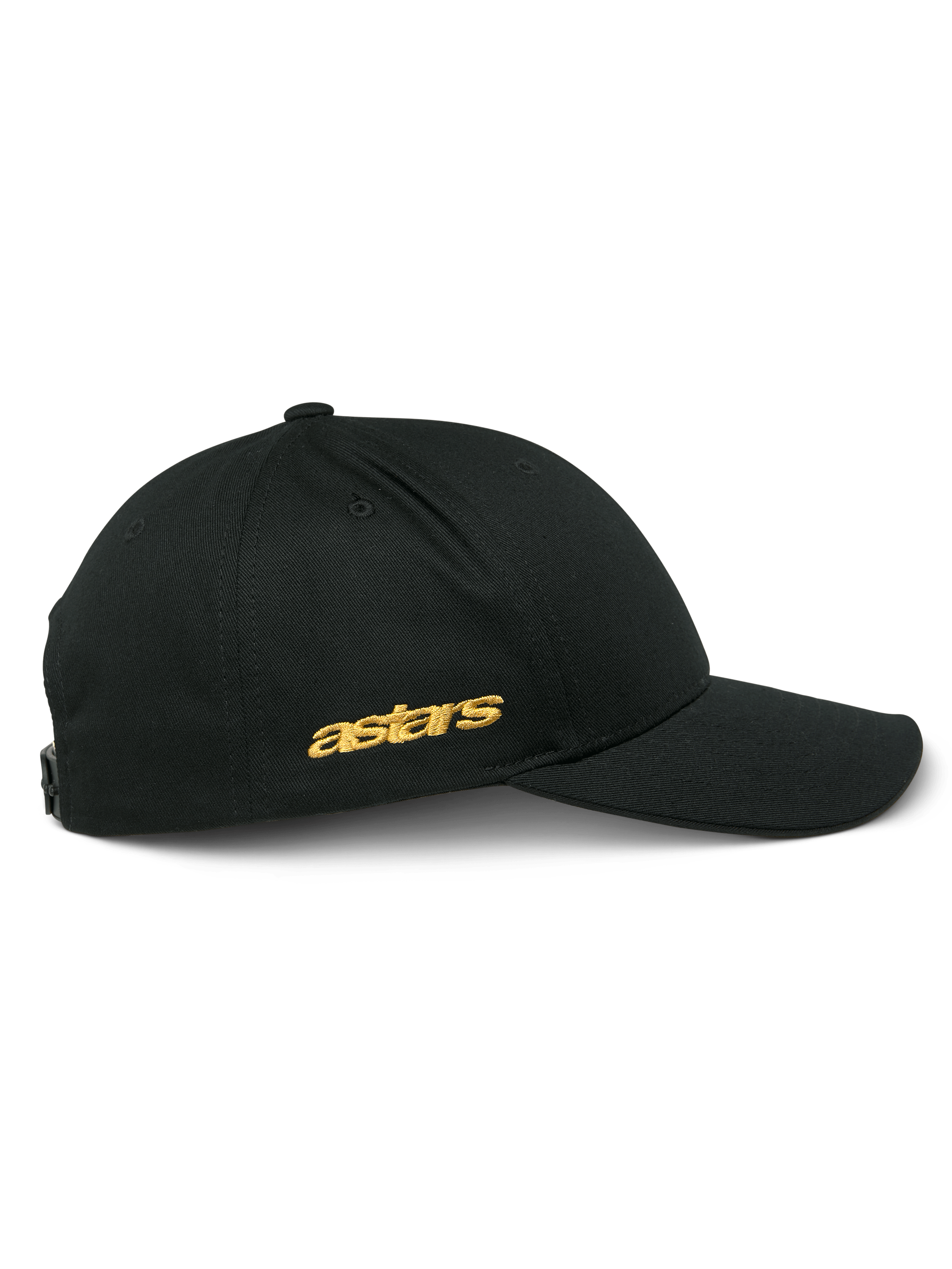 Alpinestars Sessionized Kappe, Seitenansicht einer schwarzen Snapback-Cap, goldene flache Astars-Stickerei an der Seite, strukturierte Krone mit gebogenem Schirm, lässige motorsport-inspirierte Kopfbedeckung