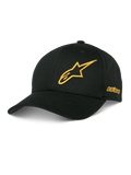 Alpinestars Sessionized Kappe, schwarze Baseball-Cap, goldenes 3D-besticktes Stern-Logo, gebogener Schirm, seitliche Astars-Stickerei, lässige Motorsport-Kopfbedeckung