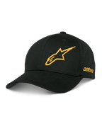 Alpinestars Sessionized Kappe, schwarze Baseball-Cap, goldenes 3D-besticktes Stern-Logo, gebogener Schirm, seitliche Astars-Stickerei, lässige Motorsport-Kopfbedeckung
