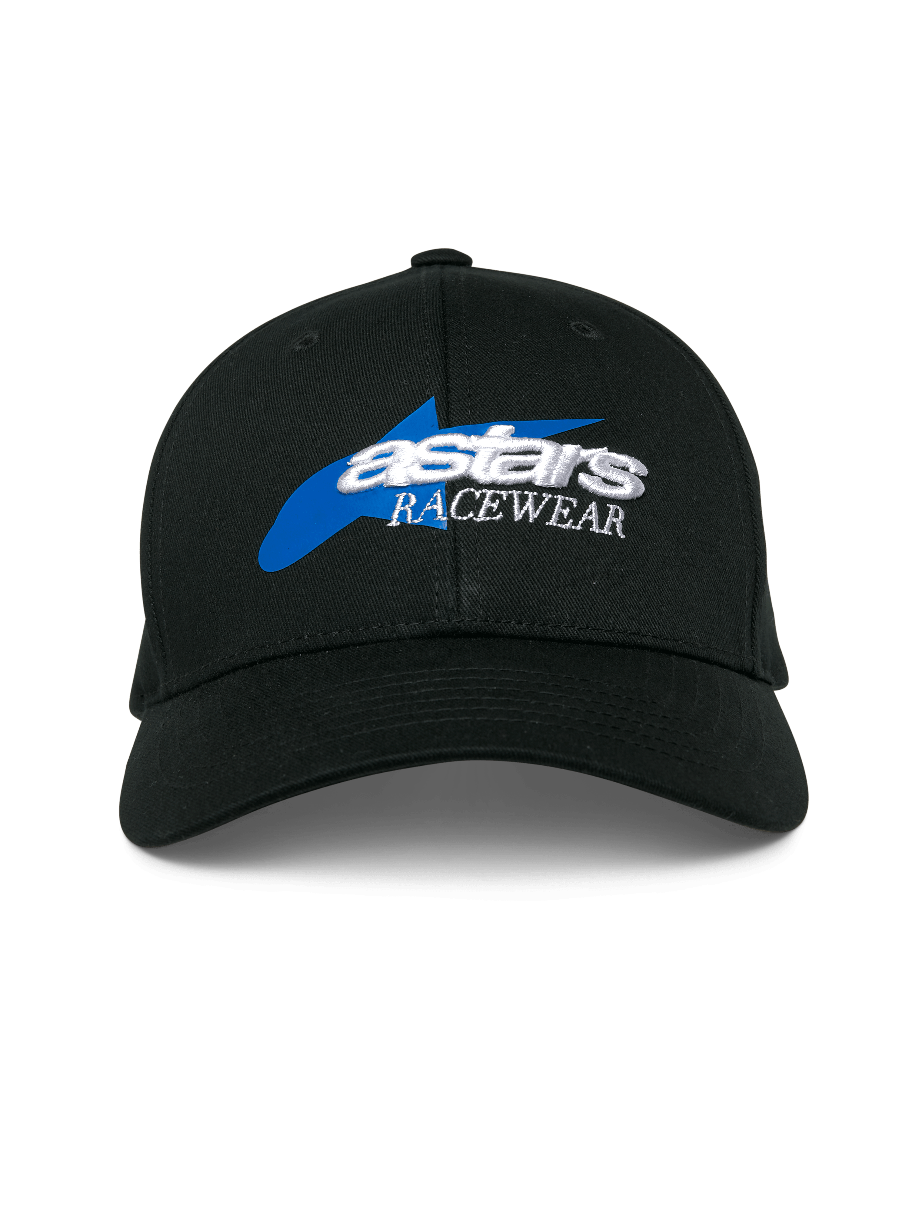 Alpinestars Profile Hat, Black baseball cap, featuring a blue star graphic with white 3D embroidered 'astars RACEWEAR' logo, structured crown and curved bill, casual motorsport headwear