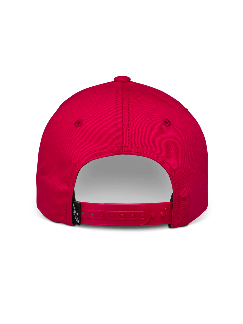 Alpinestars Profile Mütze, rote Snapback-Kappe, Rückansicht mit verstellbarem Verschluss und kleinem schwarzen Alpinestars-Logo-Etikett, Baumwoll-Twill, lässiges Motorsport-Accessoire