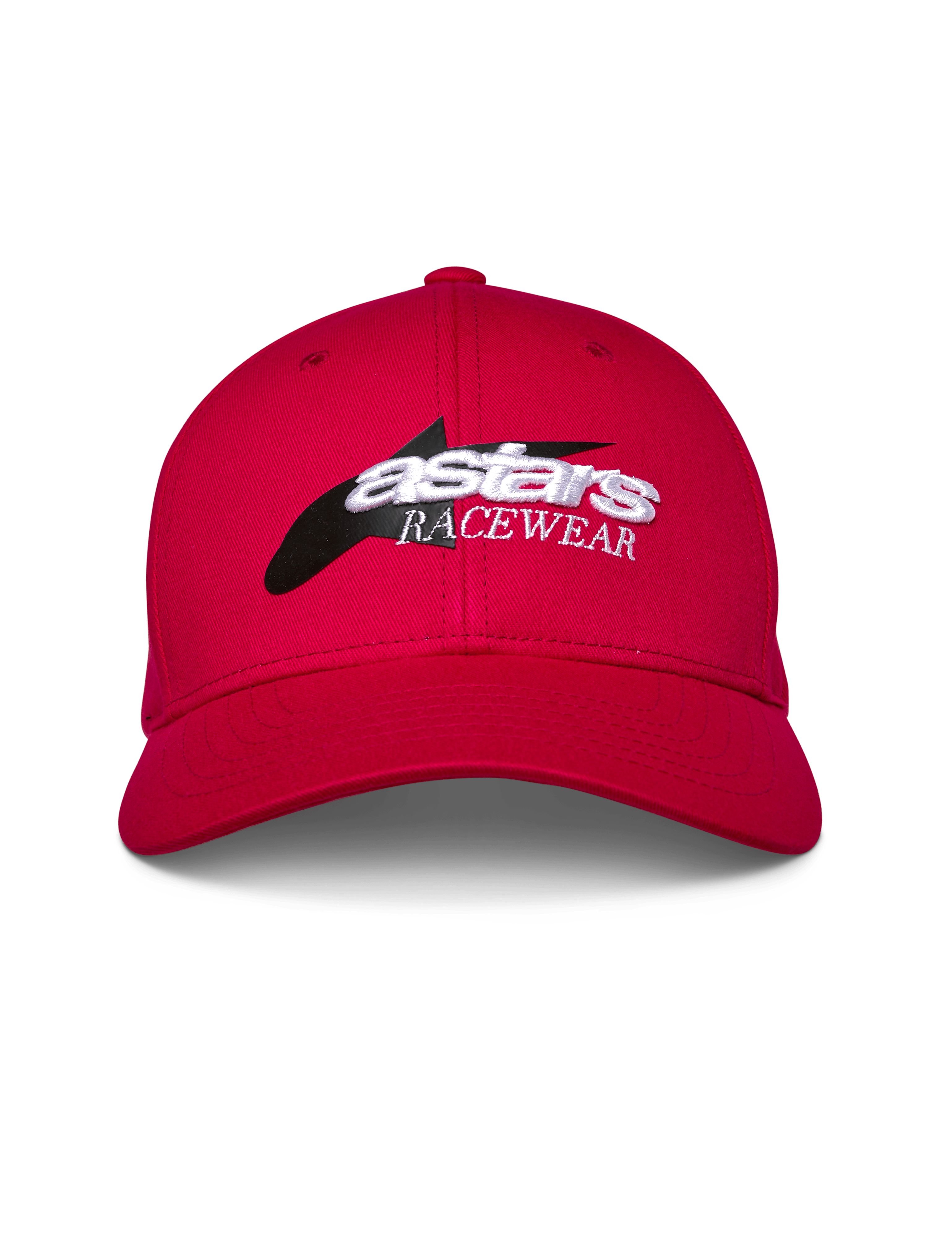 Alpinestars Profile Mütze, Rot, Snapback mit strukturierter Krone und gebogenem Schirm, Frontlogo mit schwarzer Sterngrafik und weißer 3D 'astars RACEWEAR' Stickerei, lässige Motorsport-Lifestyle-Kopfbedeckung