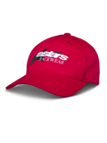 Alpinestars Profile Hat, rote Baseballkappe, weiß und schwarz gesticktes Astars RACEWEAR-Logo, gebogener Schirm und strukturierte Krone, lässige Motorsport-Streetwear
