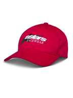Alpinestars Profile Hat, rote Baseballkappe, weiß und schwarz gesticktes Astars RACEWEAR-Logo, gebogener Schirm und strukturierte Krone, lässige Motorsport-Streetwear