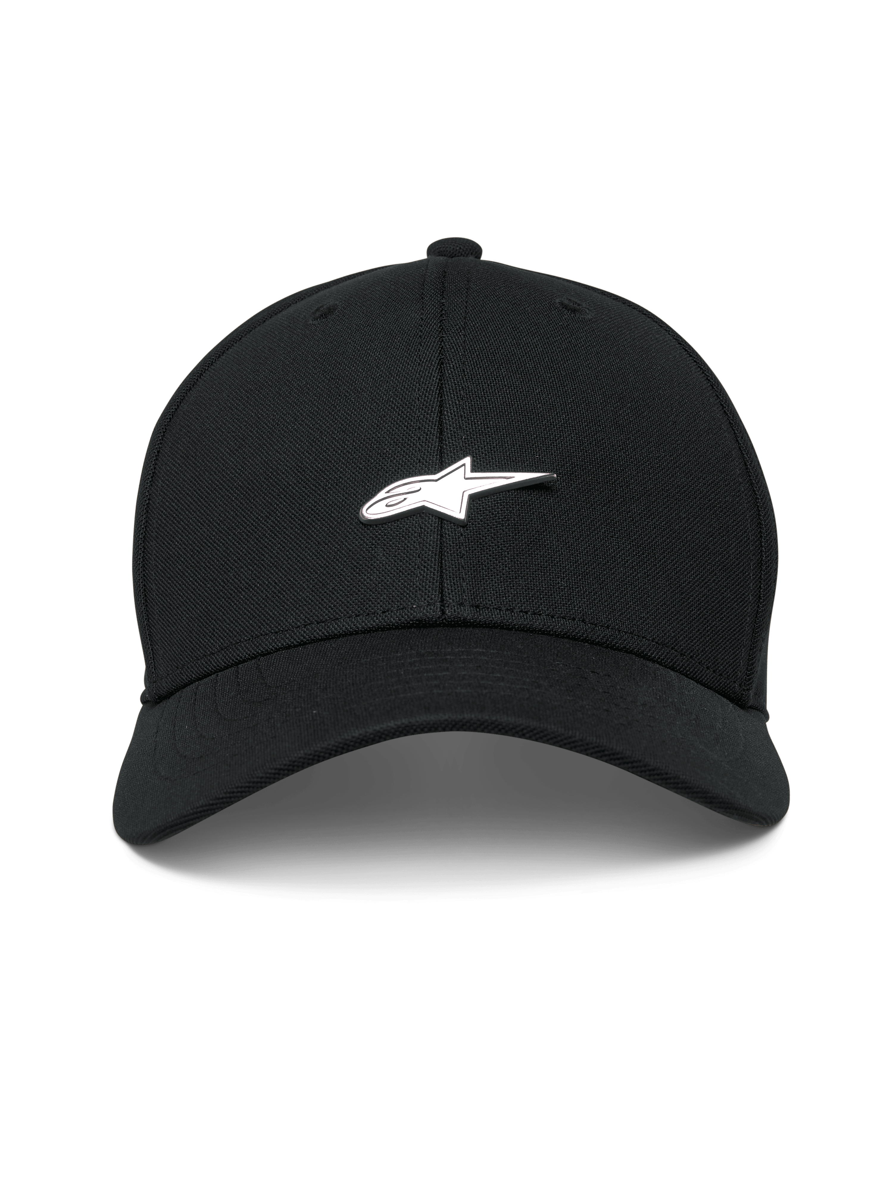 Alpinestars Metal Logo Kappe, Schwarz, strukturierte Baseballkappe mit gebogenem Schirm, 3D-geformtes Metall-Logo-Abzeichen, Mini-Piqué-Stoff, lässige Motorsport-Streetwear