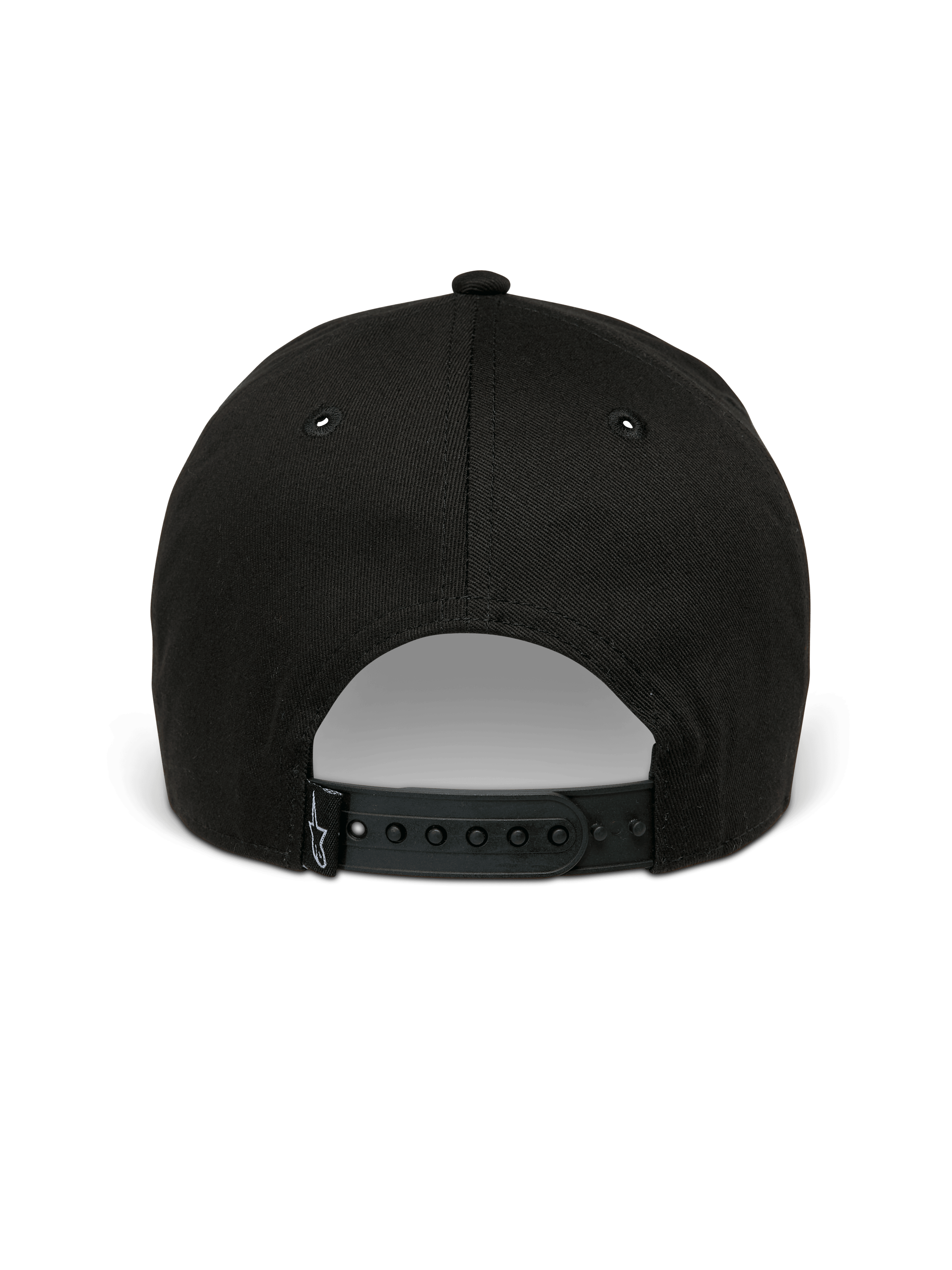 Alpinestars Canyon Mütze, schwarze Snapback-Kappe, Rückansicht mit verstellbarem Druckknopfverschluss und kleinem gewebten Astars-Logo-Etikett, 100 % Baumwolltwill, lässige vom Motorsport inspirierte Kopfbedeckung