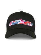 Alpinestars Canyon Cap, schwarze Snapback-Baseballkappe, gebogener Schirm und strukturierte Krone, Astars-Logo auf der Vorderseite mit Camouflage-Stickerei, lässige Sportbekleidung