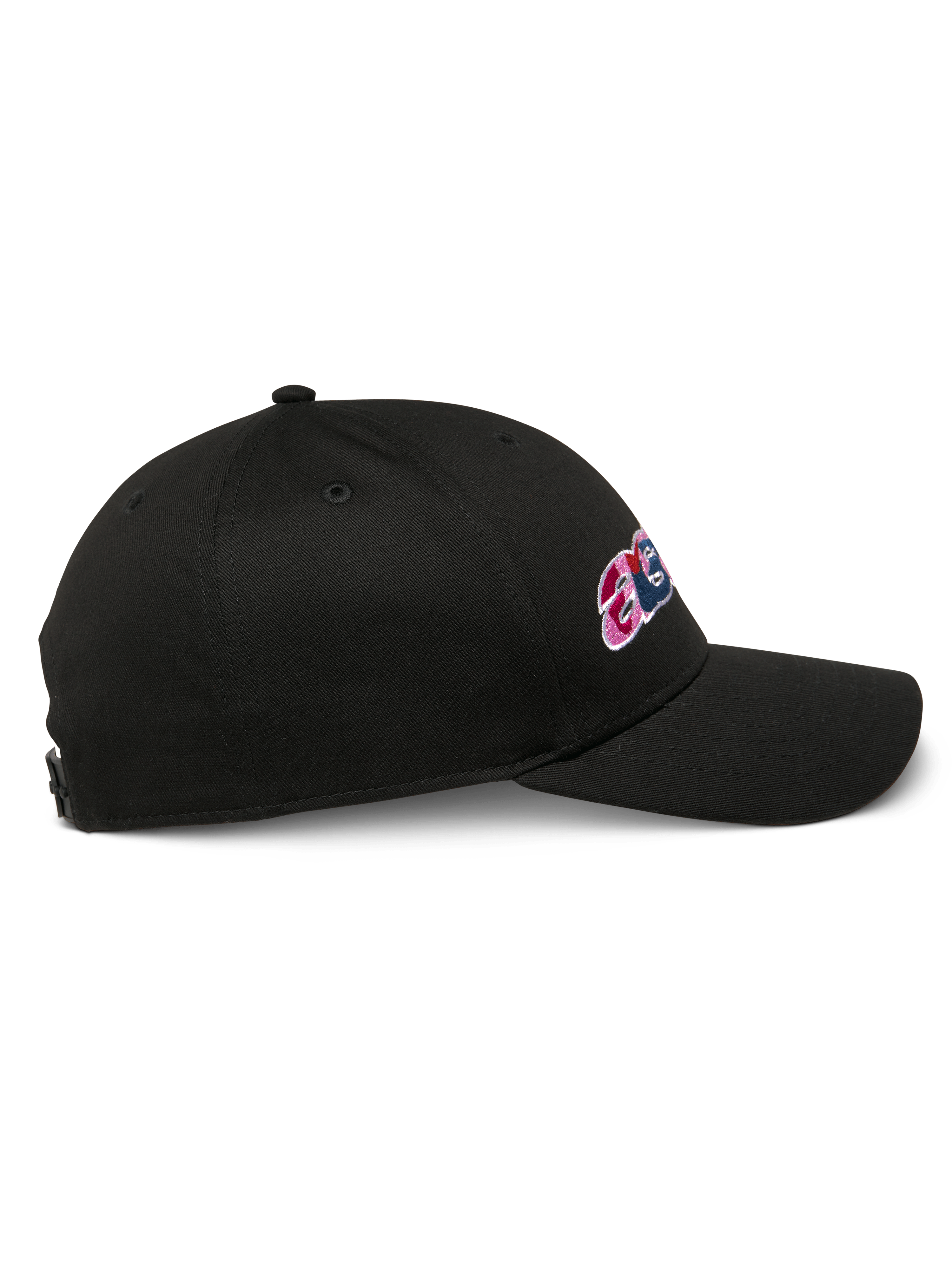 Alpinestars Canyon Kappe, schwarze Snapback-Kappe, Seitenprofilansicht, gebogener Schirm, mit seitlicher Bestickung und strukturierter Krone, lässige Motorsport-Kopfbedeckung