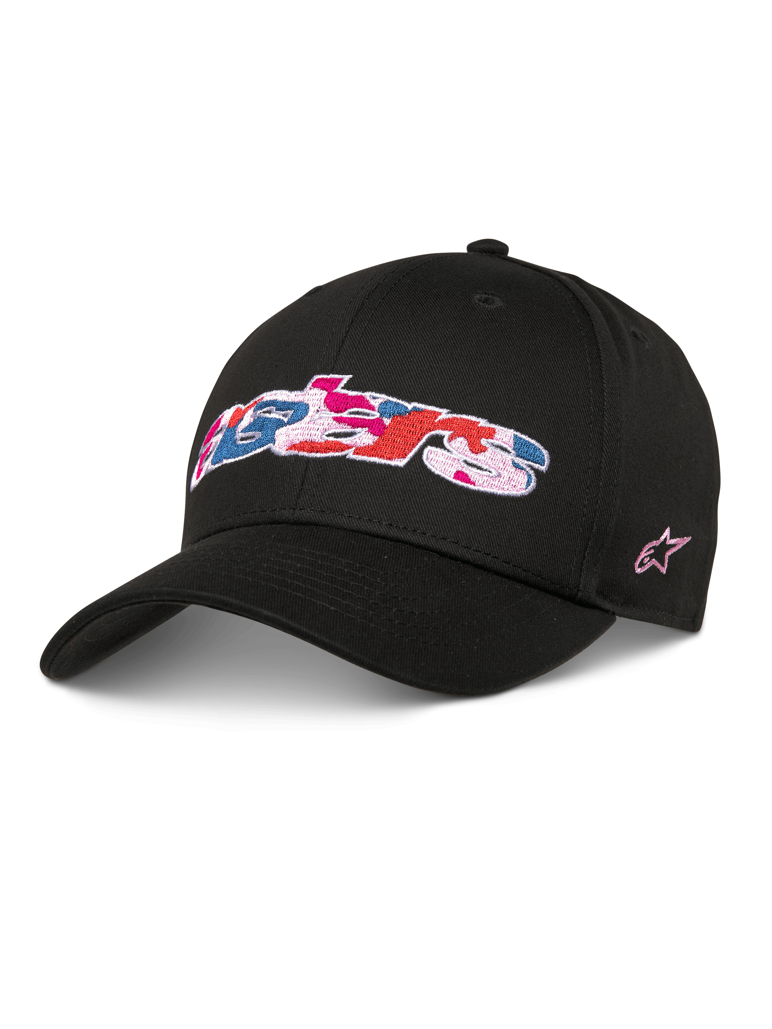 Alpinestars Canyon Hat, schwarze Snapback-Baseballkappe, gebogener Schirm und strukturierte Krone, Astars-Logo vorne mit Camouflage-Stickerei in Pink, Blau und Rot, pinkes Stern-Logo an der Seite, lässige Streetwear aus Baumwoll-Twill