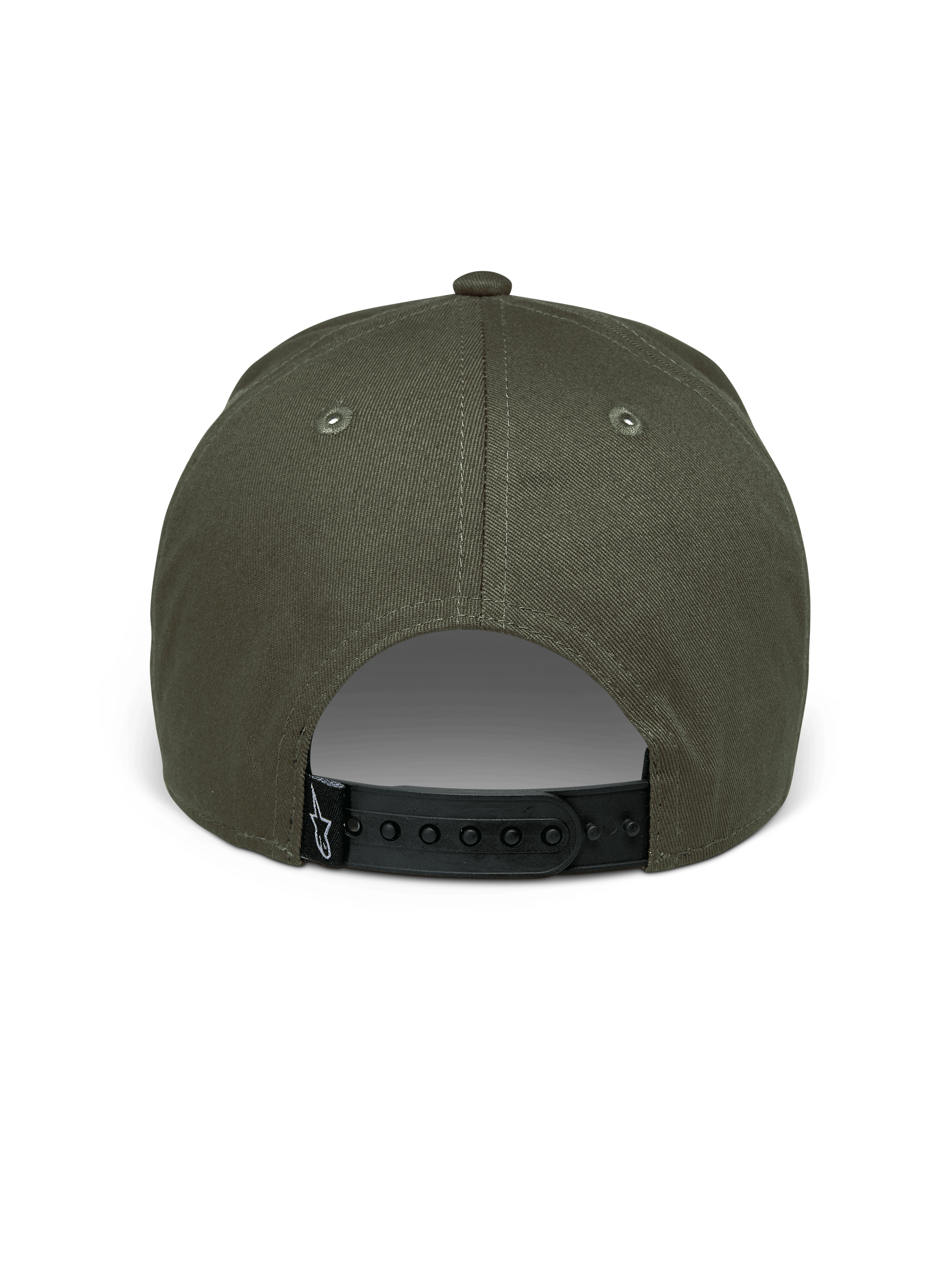 Alpinestars Canyon Mütze, Military Green, Rückansicht mit verstellbarem schwarzem Snapback-Verschluss, strukturierte Krone aus Baumwoll-Twill, kleines schwarzes Webetikett mit weißem Astars-Logo, lässige Motorsport-Kopfbedeckung