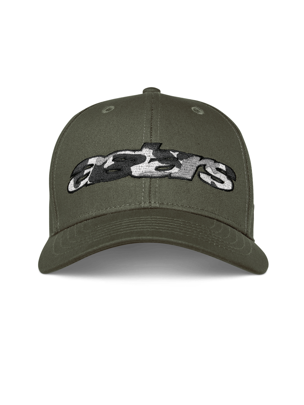 Alpinestars Canyon Mütze, Militärgrün, Snapback-Cap mit gebogenem Schirm, vorne aufgesticktes Astars-Logo mit Camouflage-Füllung, lässige Motorsport-Streetwear