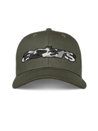 Alpinestars Canyon Mütze, Militärgrün, Snapback-Cap mit gebogenem Schirm, vorne aufgesticktes Astars-Logo mit Camouflage-Füllung, lässige Motorsport-Streetwear