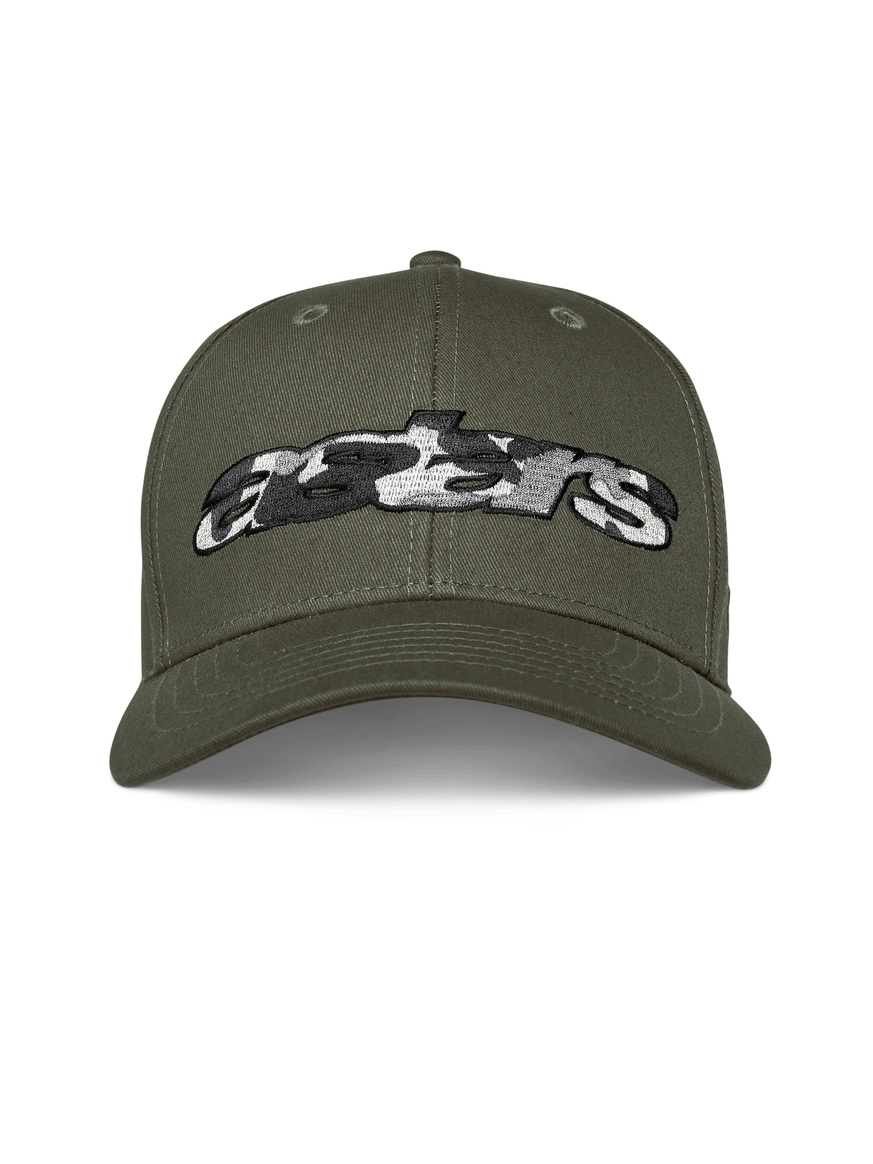Alpinestars Canyon Mütze, Militärgrün, Snapback-Cap mit gebogenem Schirm, vorne aufgesticktes Astars-Logo mit Camouflage-Füllung, lässige Motorsport-Streetwear