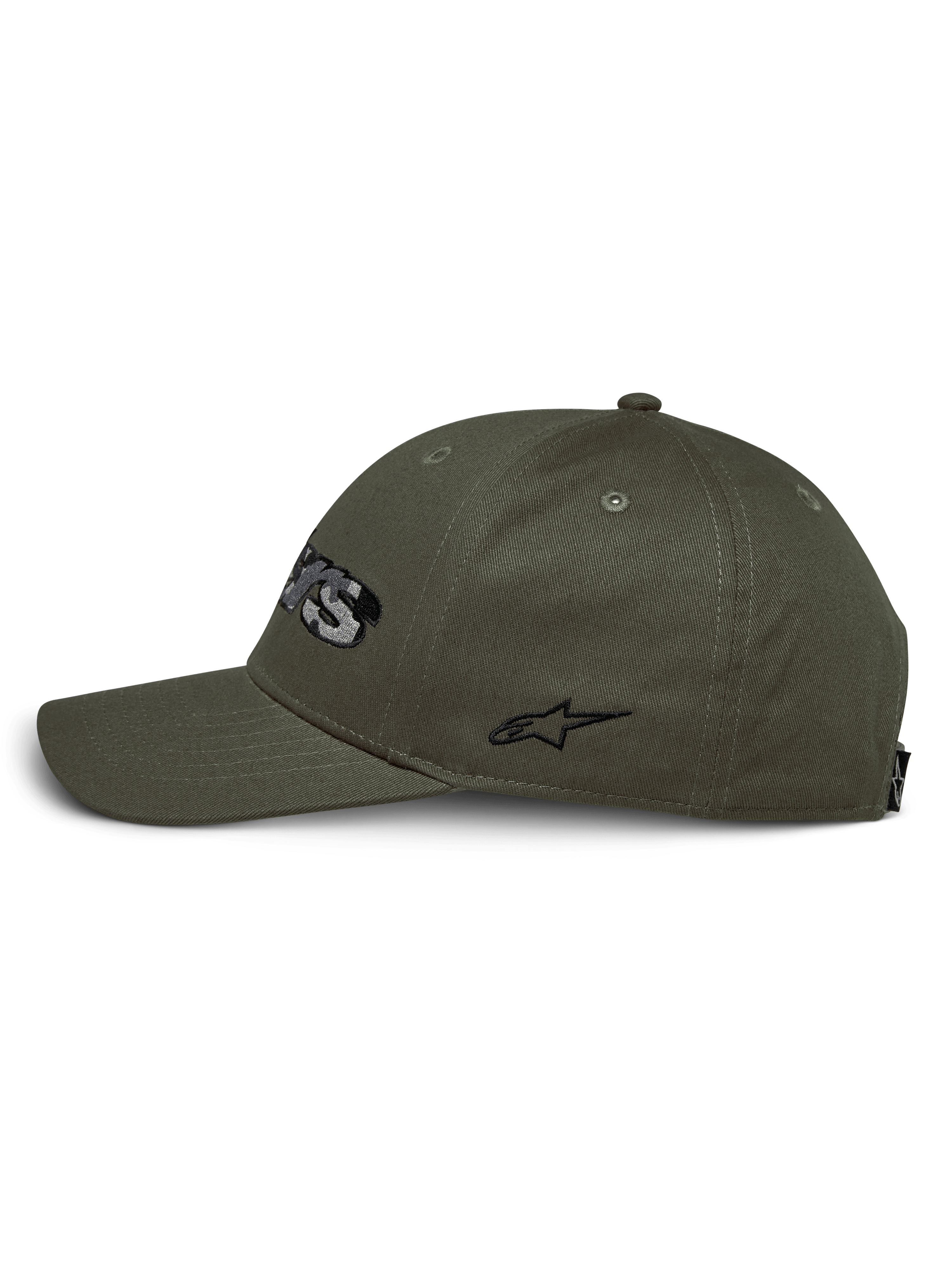 Alpinestars Canyon Mütze, Seitenansicht, militärgrün, gebogener Schirm mit strukturierter Krone, Baumwolltwill, mit schwarzem bestickten Seitenlogo, lässige Motorsport-Streetwear