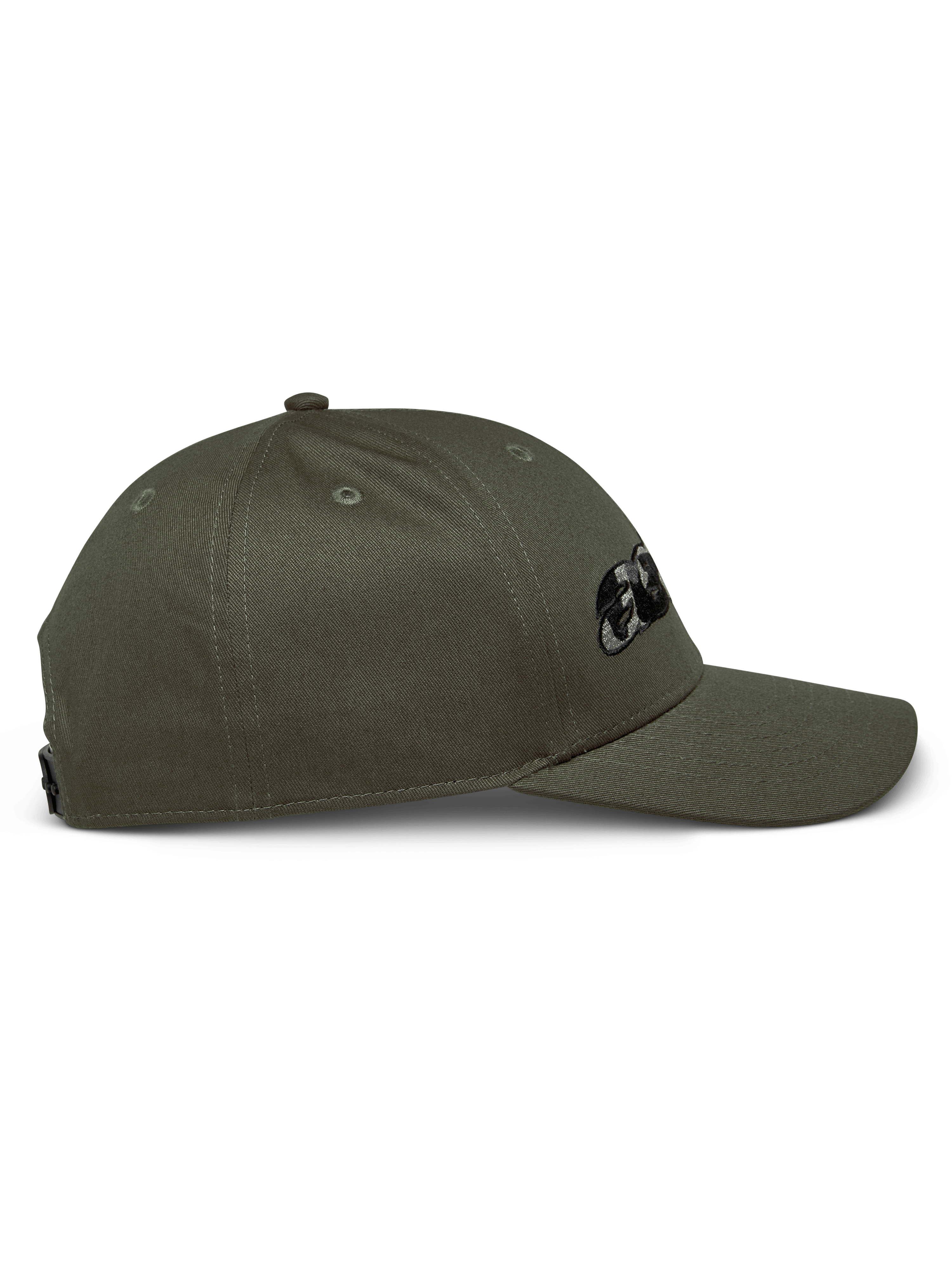 Alpinestars Canyon Mütze, Seitenansicht, Militärgrün, strukturierte Krone mit gebogenem Schirm, gesticktes Astars-Logo mit Camouflage-Füllung, lässige, vom Motorsport inspirierte Streetwear