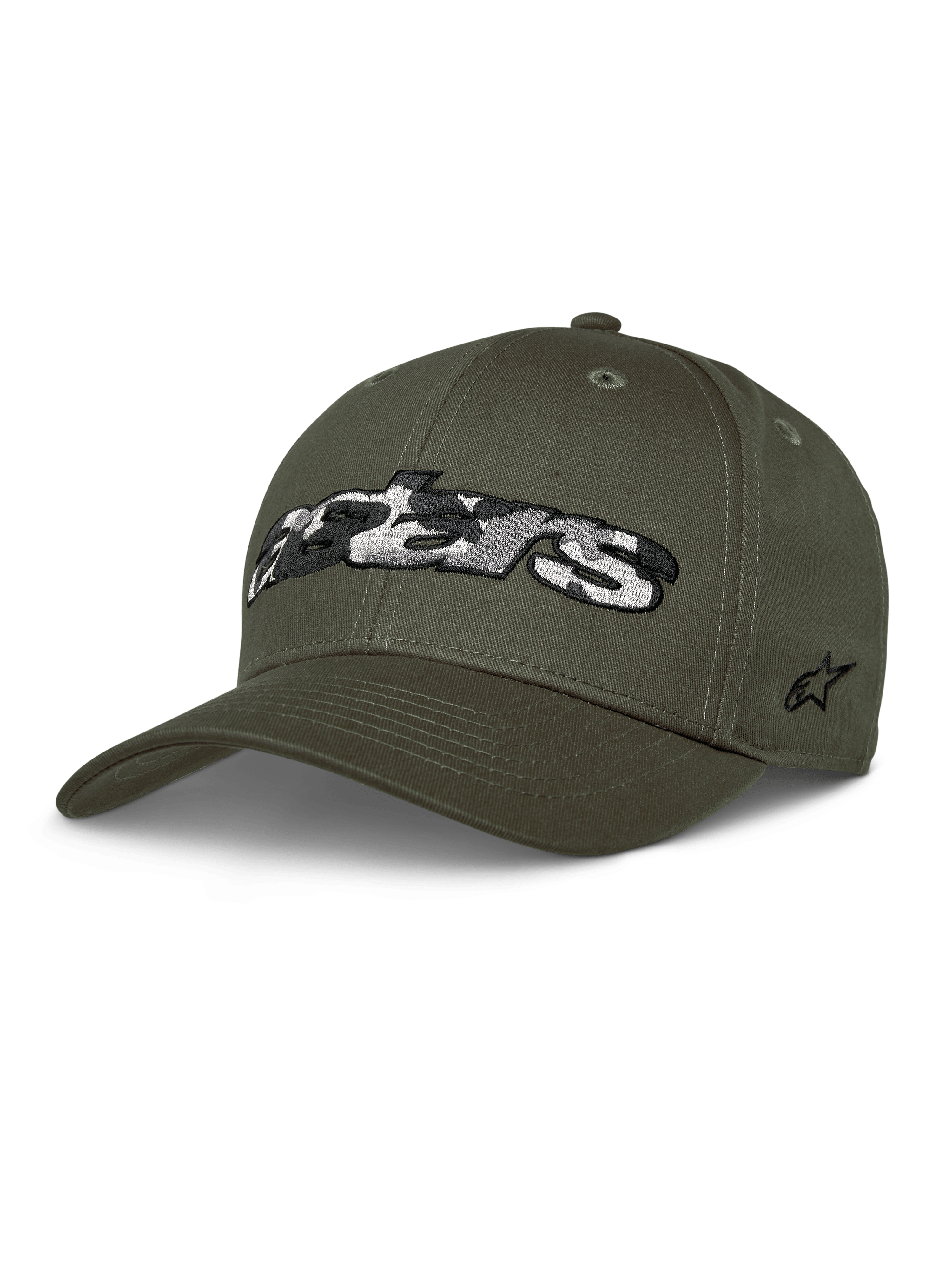 Alpinestars Canyon Hat, olivgrüne Baseball-Cap, strukturierte Krone mit gebogenem Schirm, großes Astars-Logo mit Camouflage-Muster auf der Vorderseite, seitliche Stern-Stickerei, lässiger Motorsport-Stil