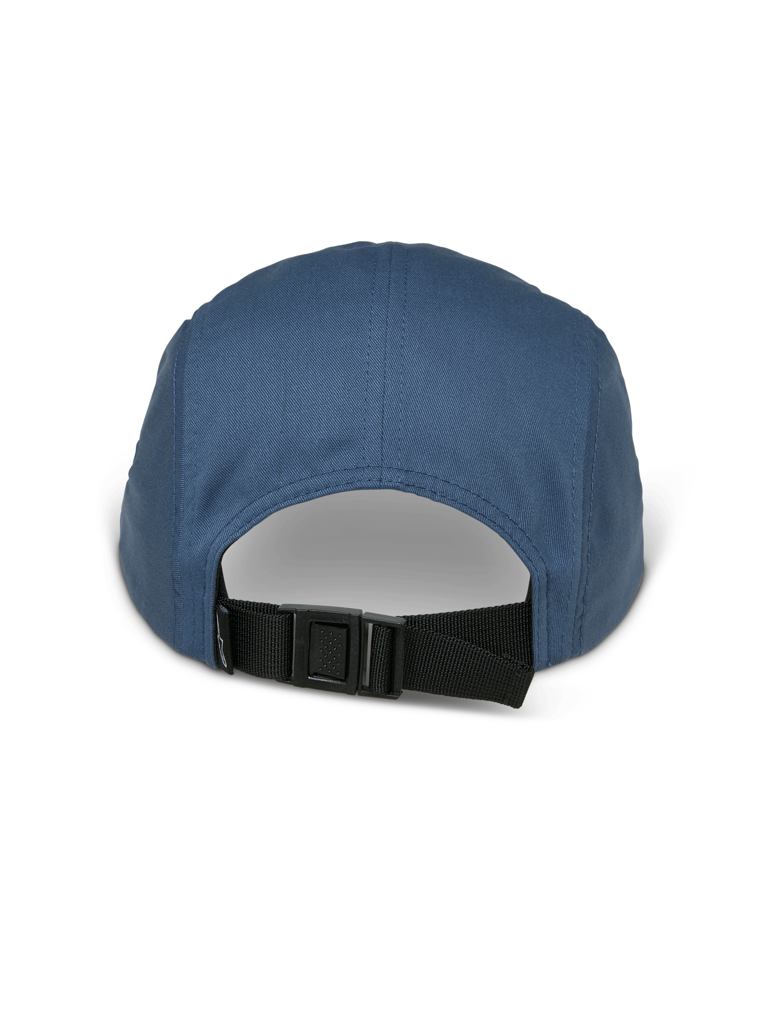 Alpinestars Peasy Kappe, 5-Panel-Jockey-Hut, Blau, Rückansicht mit verstellbarem schwarzen Clip-Schnallenverschluss und unstrukturierter Krone, Twill-Gewebe, lässige vom Motorsport inspirierte Streetwear