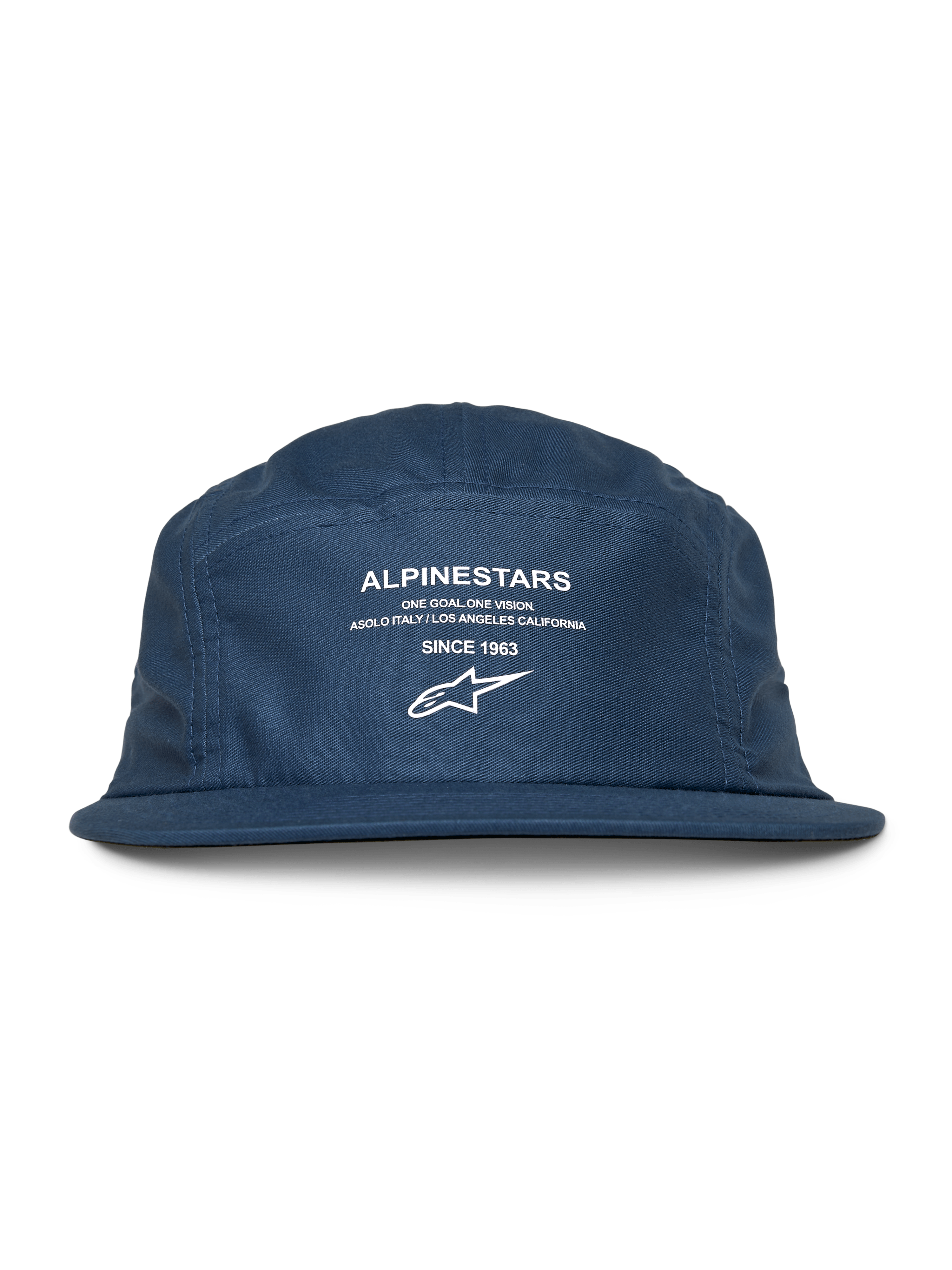 Alpinestars Peasy Kappe, 5-Panel-Jockey-Mütze, Blau, flacher Schirm mit unstrukturierter Krone, weiße Frontgrafik mit Logo und „Since 1963“-Schriftzug, lässige, vom Motorsport inspirierte Kopfbedeckung