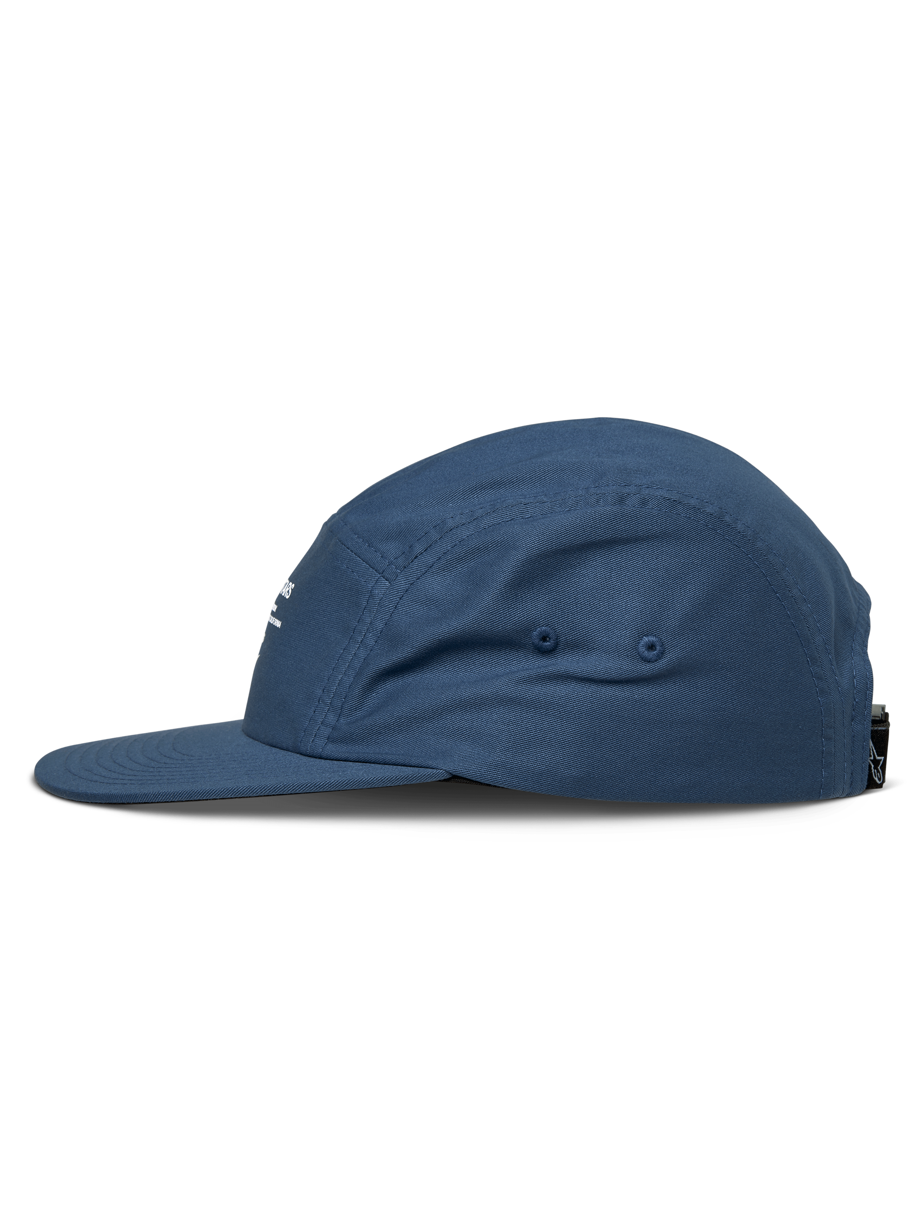 Alpinestars Peasy Mütze, 5-Panel-Jockey-Kappe, Blau, Seitenansicht, flacher Schirm, unstrukturierte Krone, Twill-Stoff, lässige Motorsport-inspirierte Kopfbedeckung
