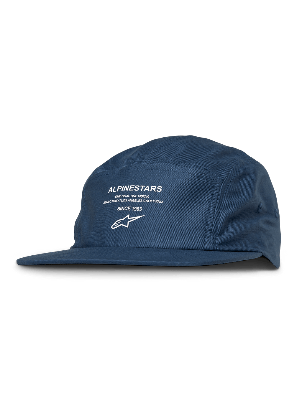 Alpinestars Peasy Hat, 5-Panel-Jockey-Kappe, Blau, weißer Grafikdruck mit Logo und Text, flacher Schirm, unstrukturierte Krone, lässige Motorsport-Streetwear