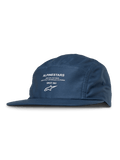 Alpinestars Peasy Hat, 5-Panel-Jockey-Kappe, Blau, weißer Grafikdruck mit Logo und Text, flacher Schirm, unstrukturierte Krone, lässige Motorsport-Streetwear
