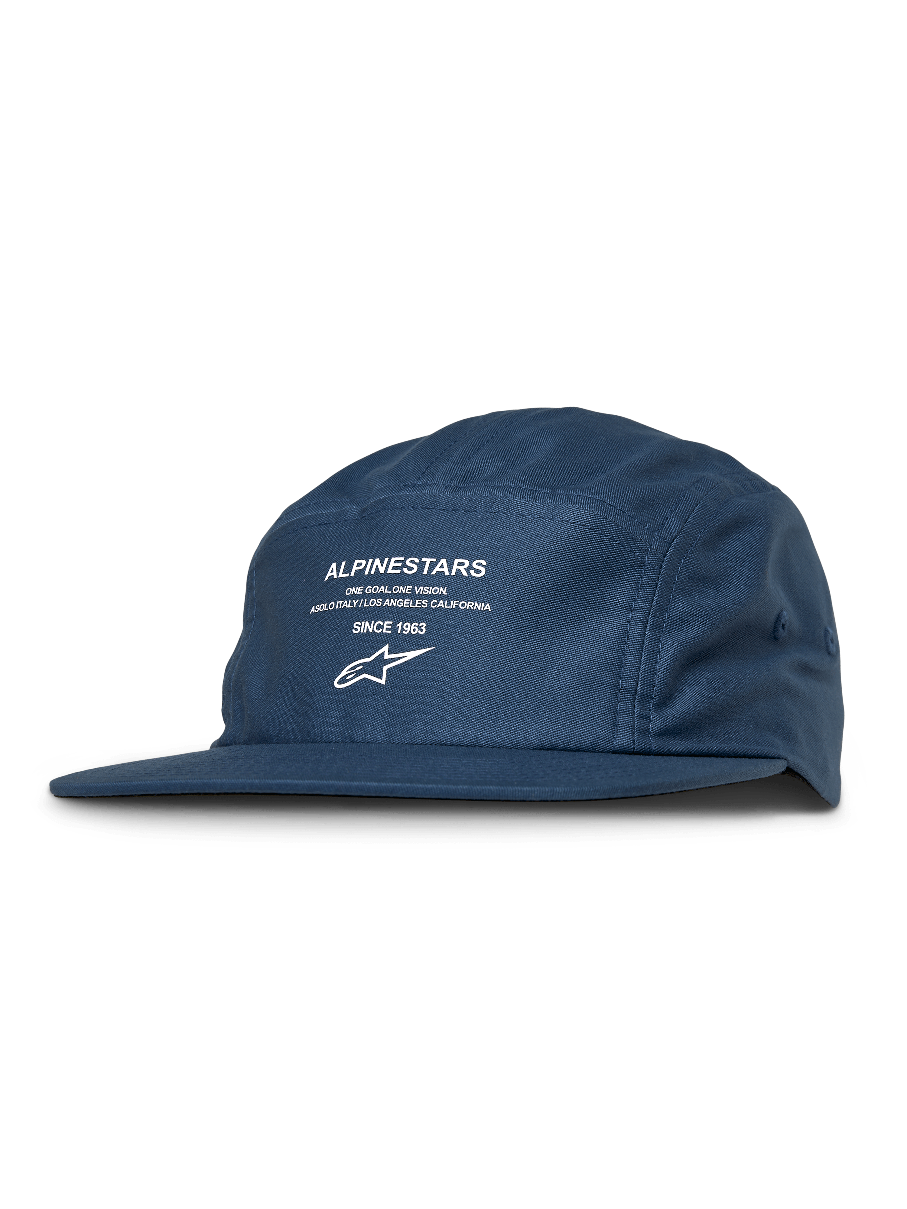 Alpinestars Peasy Hat, 5-Panel-Jockey-Kappe, Blau, weißer Grafikdruck mit Logo und Text, flacher Schirm, unstrukturierte Krone, lässige Motorsport-Streetwear