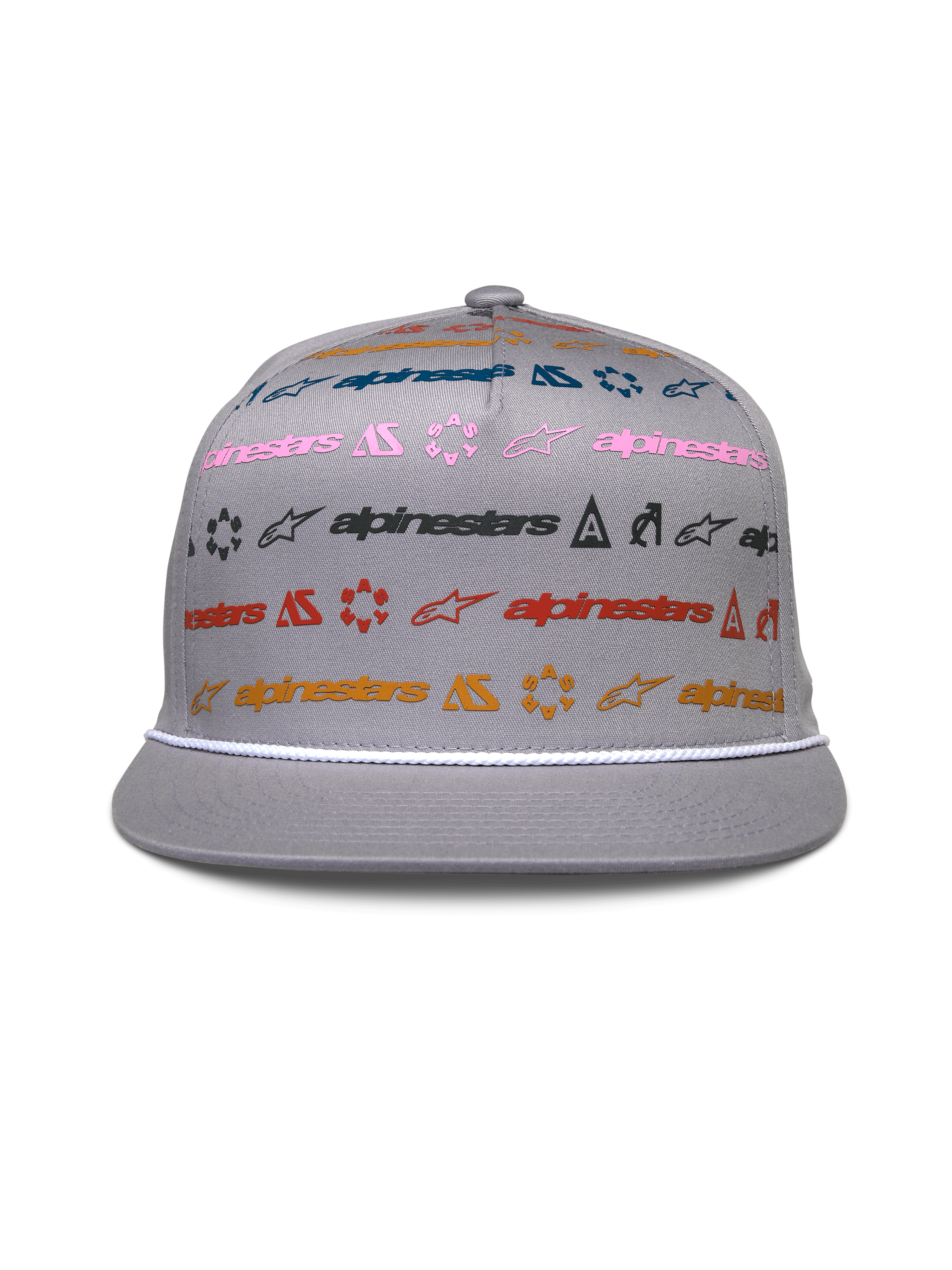 Alpinestars Glphy Hat, Gray flat-bill snapback, structured crown with multi-colored horizontal logo print, white rope trim at the bill, casual motorsport-inspired headwear